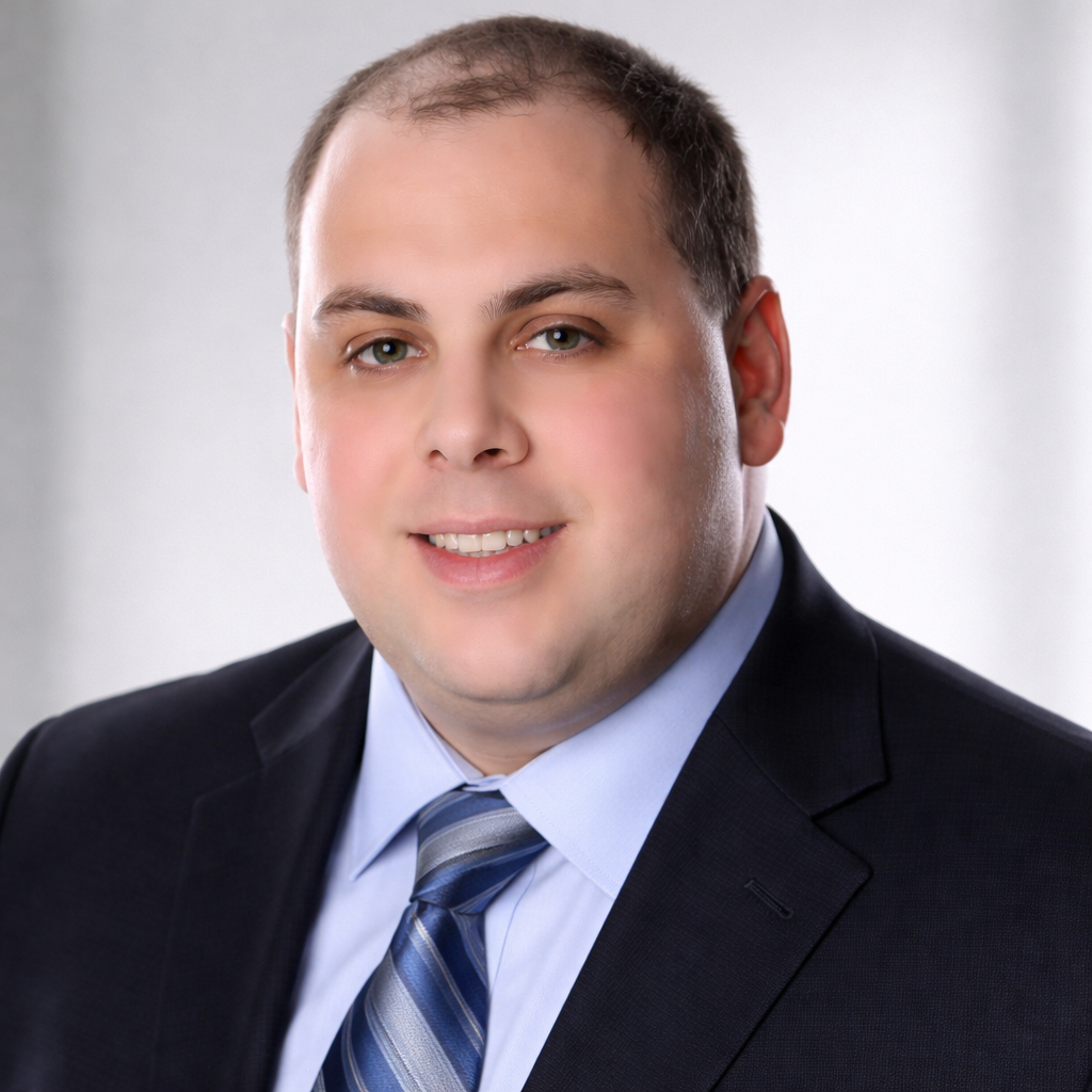 A man in a suit smiling at the camera with a neutral background