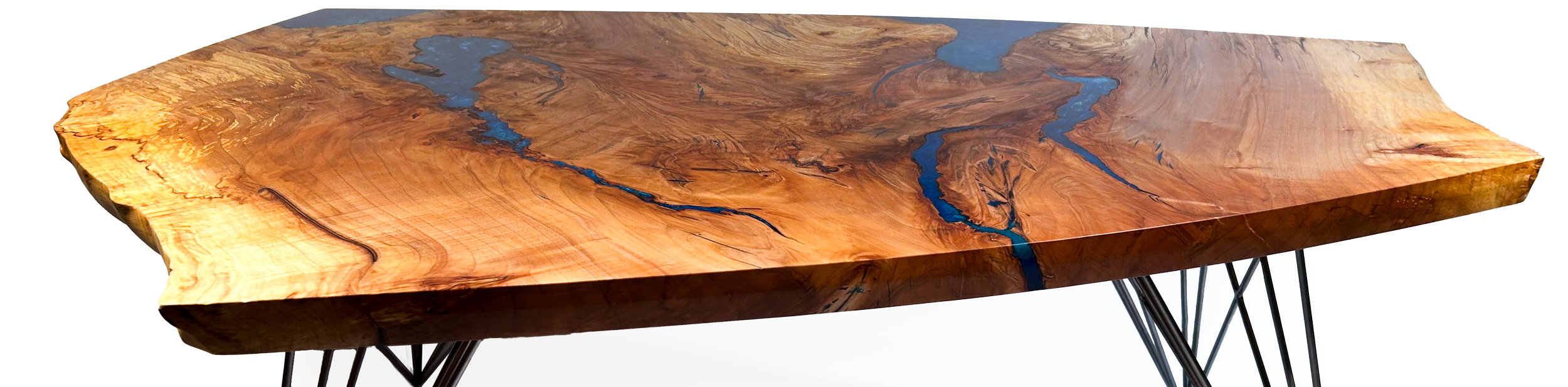 A wooden table with a polished surface and metal legs.