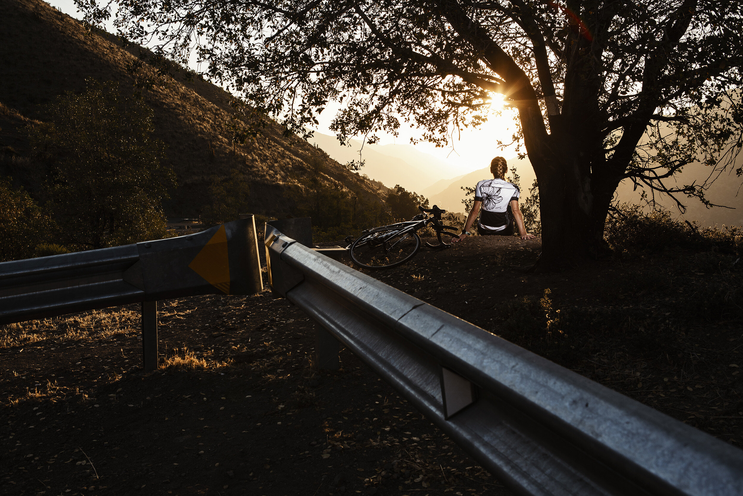 A person sitting on the ground leaning against a tree, gazing at the sunset over mountains with a bicycle beside them.