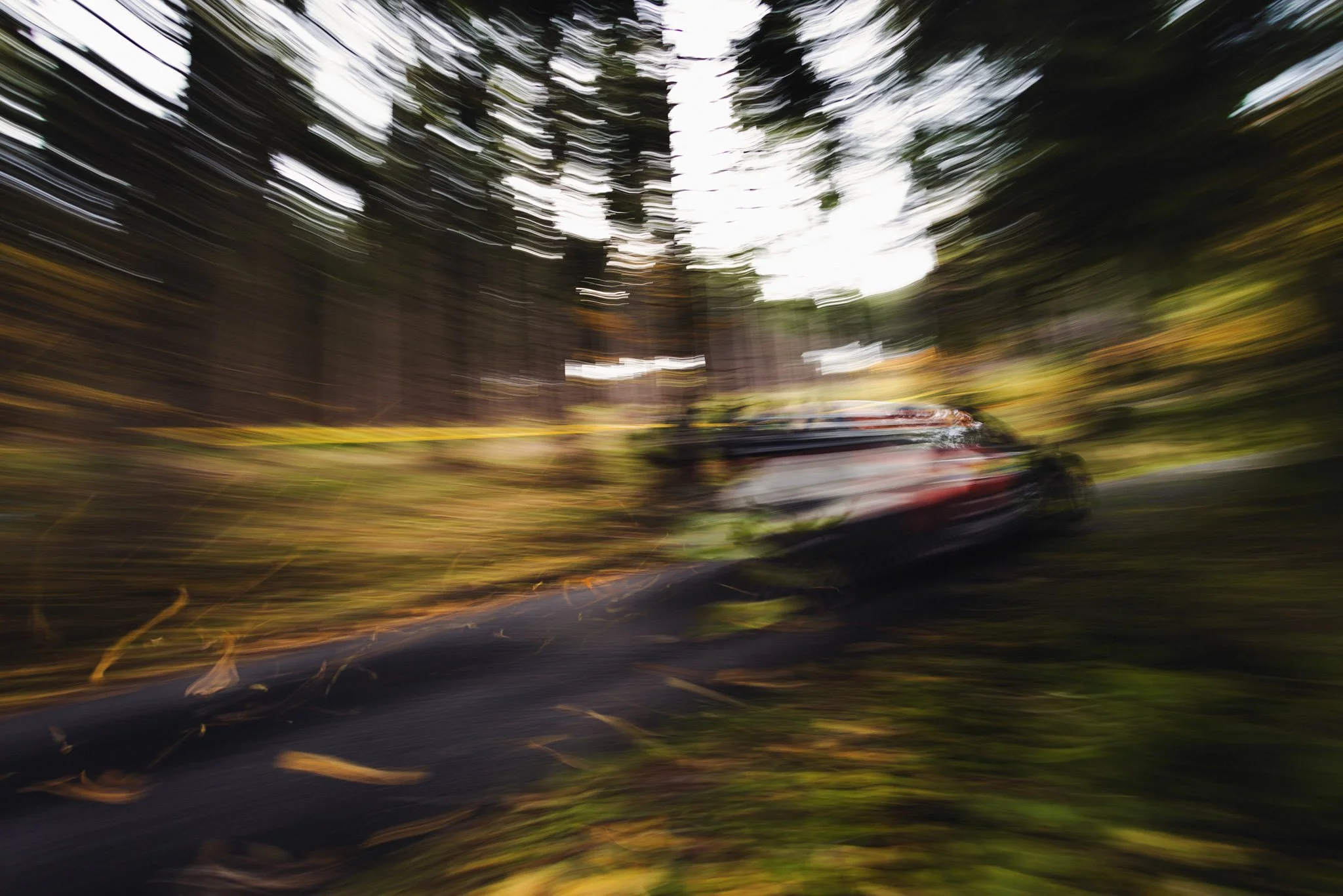 Motion-blurred image of a forest with trees and a car on a road, with some fallen leaves on the ground.