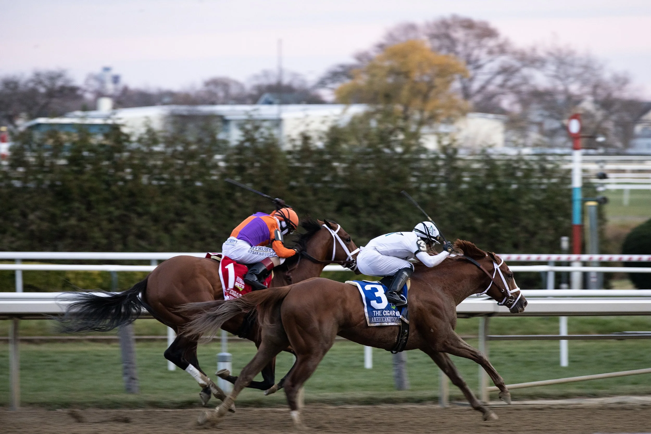 Americanrevolution and Luis Saez overtake Following Sea and John Velazquez  to win the 2021 Cigar Mile