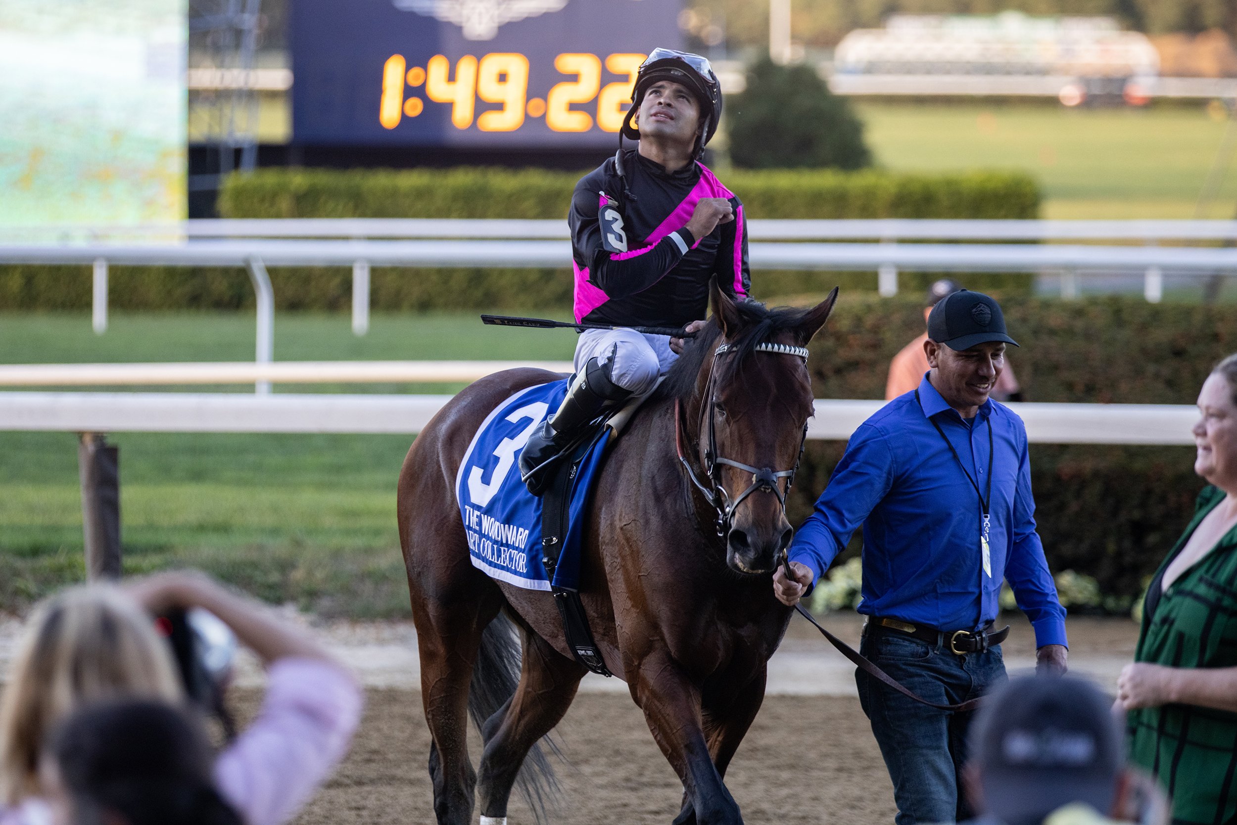 Art Collector and Luis Saez after winning the 2021 Woodward Stakes