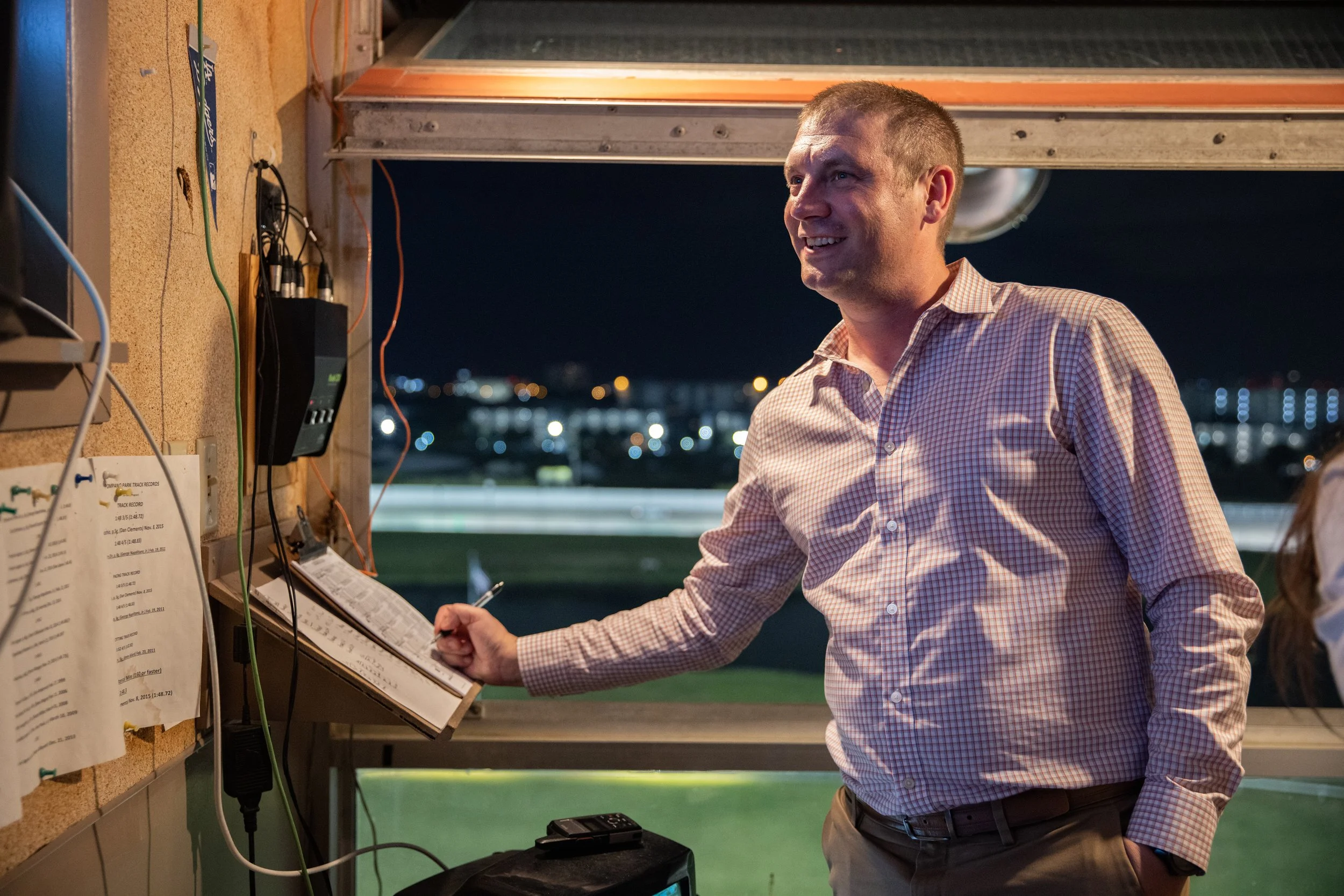 Gabe Prewitt in the announcer's booth Pompano Park