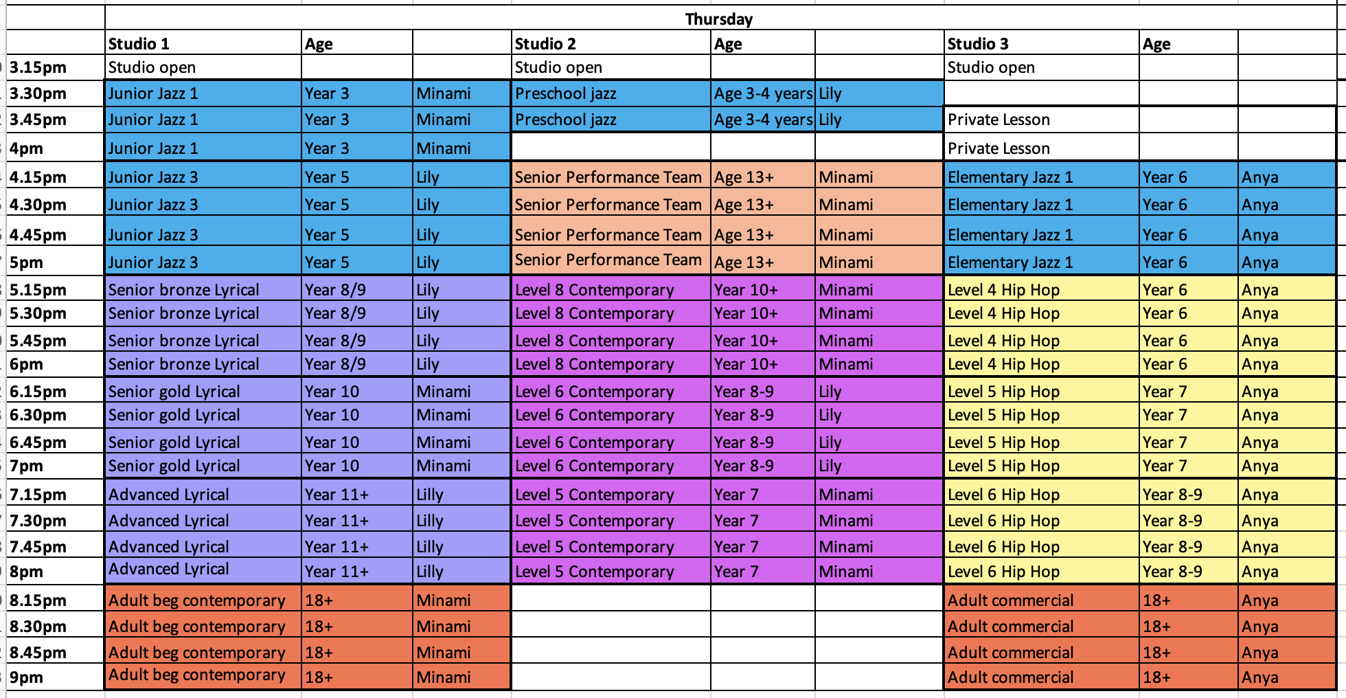 A weekly class schedule with times, class names, levels, and instructors, organized in columns for three studios, color-coded by class type, with some lessons labeled for different age groups in Grey Lynn, Auckland.