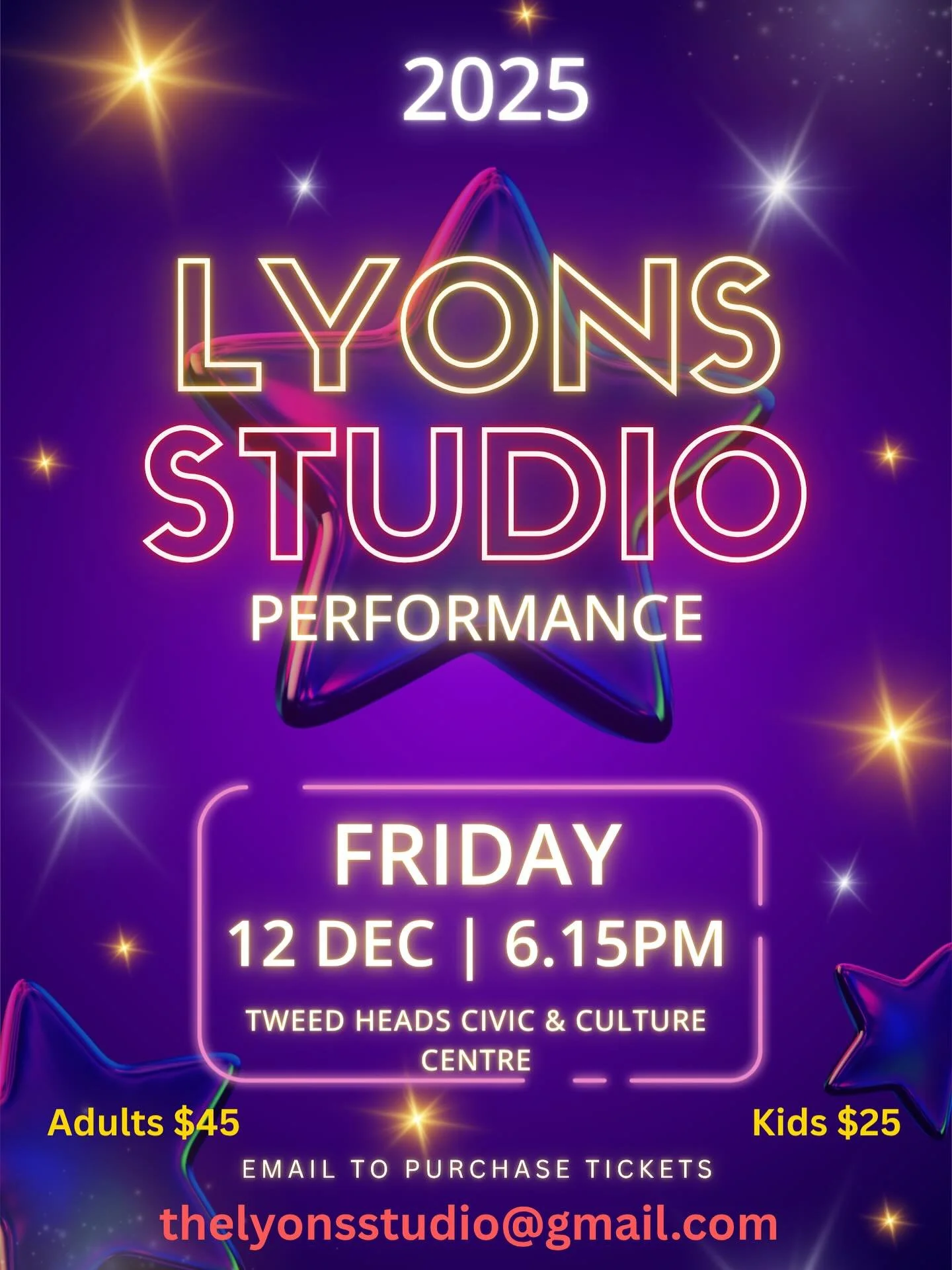 THE TIME HAS COME 🤩 

Lyons Studio 2025 Concert is fast approaching!! 

Tickets are on Sale NOW 🎟️
Friday, December 12th 6.15pm ~ To purchase tickets email us how many Adults &amp; Kids to 📧thelyonsstudio@gmail.com 

We can&rsquo;t wait to show yo