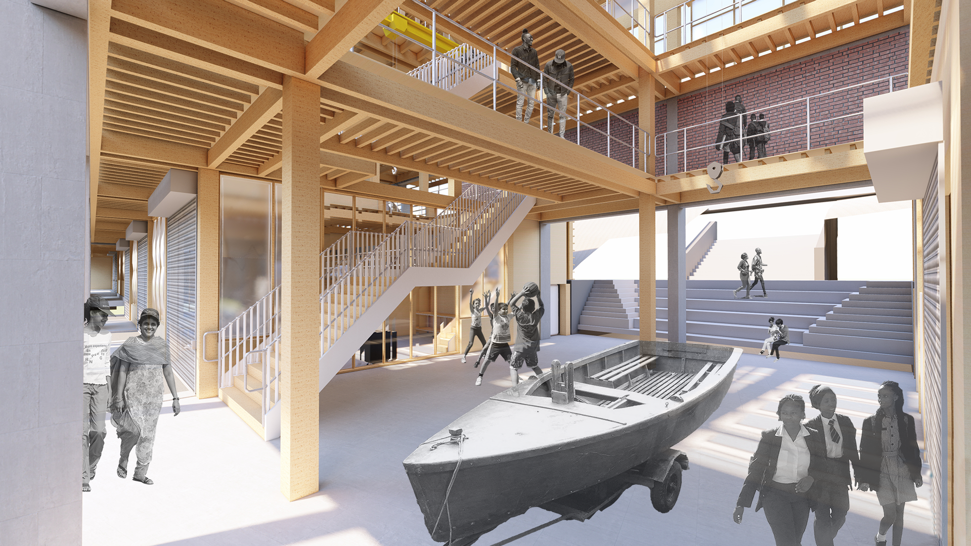 The foyer during the week being used for boatbuilding and maintenance, and extra-mural school programmes