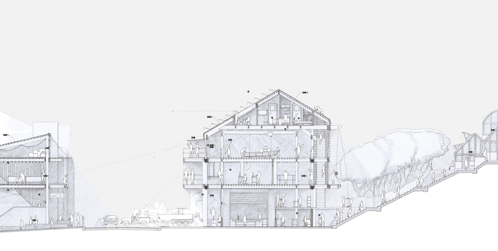 A section through the building, showing it being used and adapted with references to components from the Building Manual