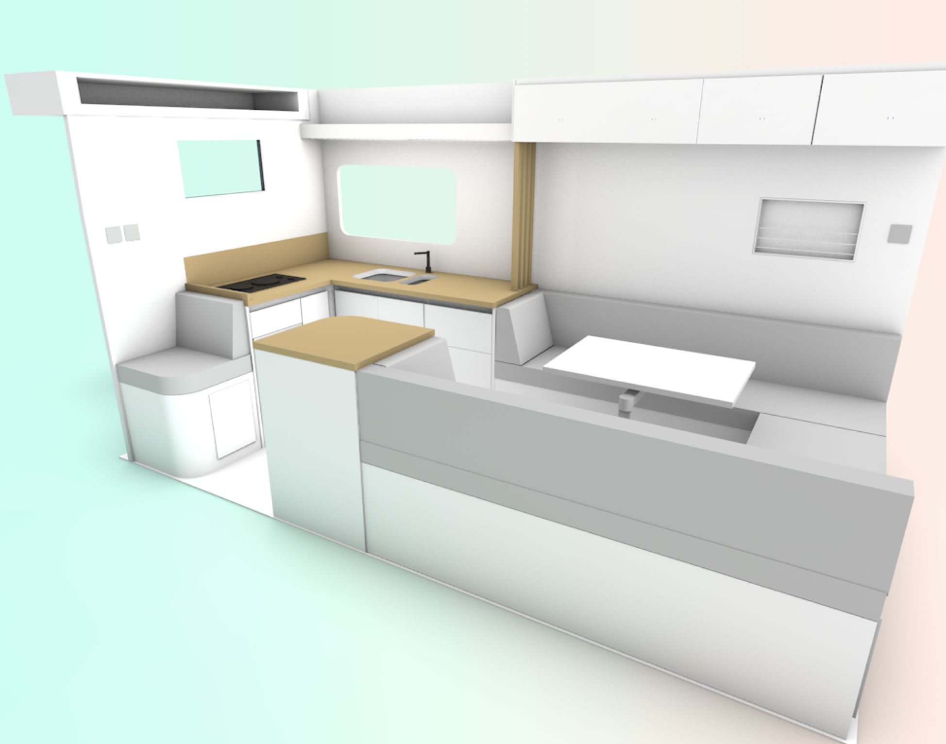 3D rendering of a Van conversion with white cabinets, a beige countertop, a sink, a stove, and a small dining area.