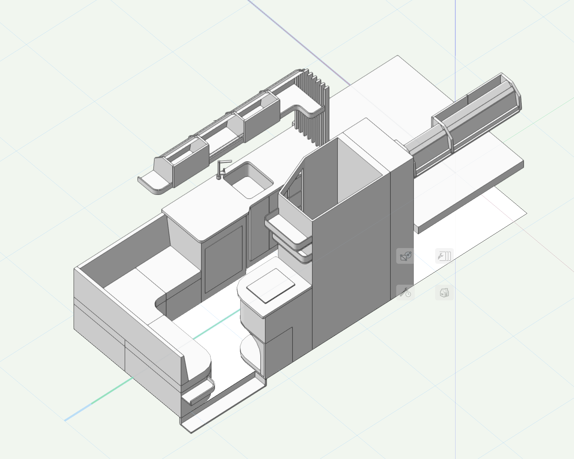 3D model of a van conversion interior space, possibly a transportation vehicle or modular room, with seating, counters, and enclosed areas.