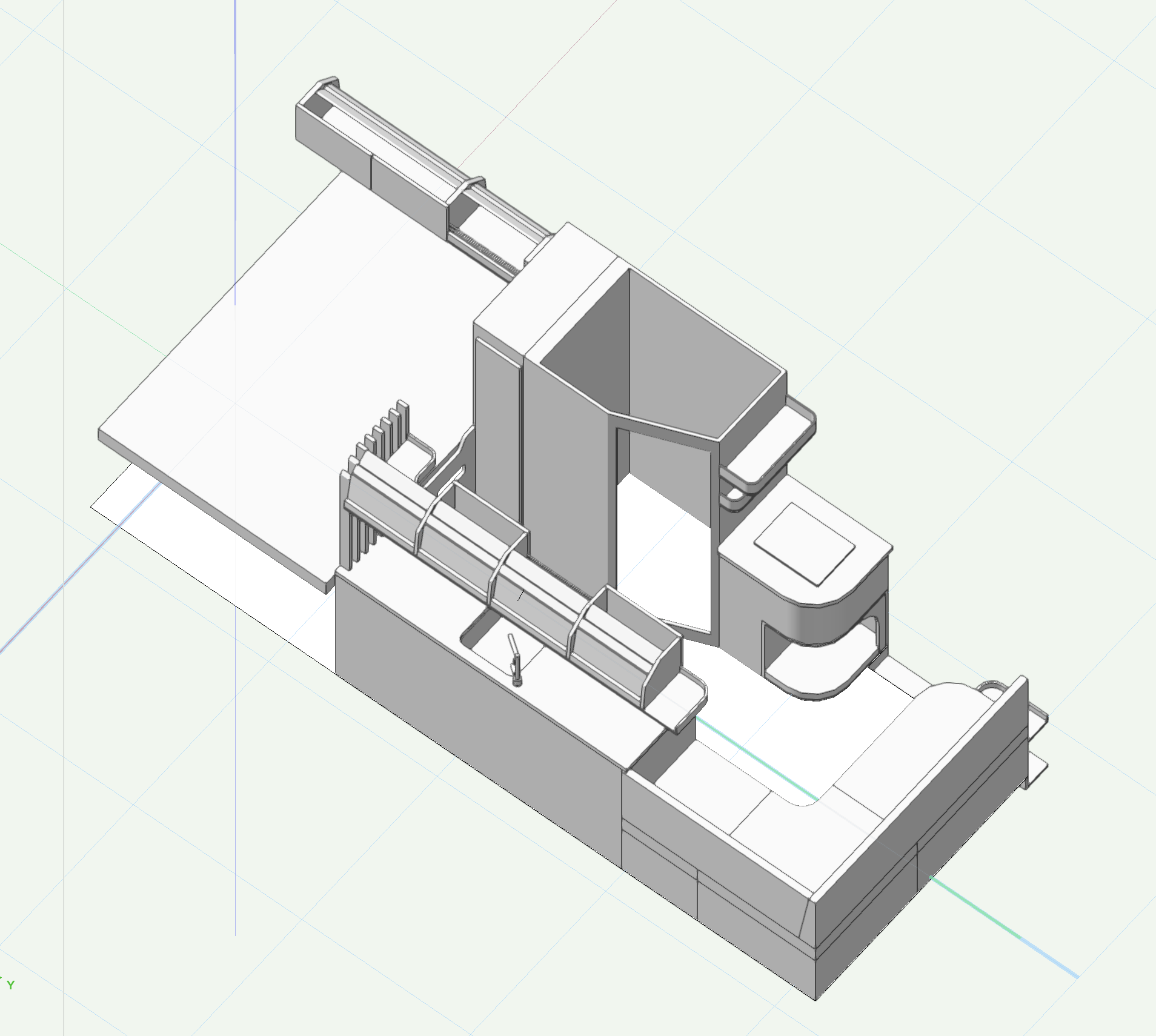 A 3D model of a van conversion with a sink, stove, refrigerator, and countertop arranged in a small space.