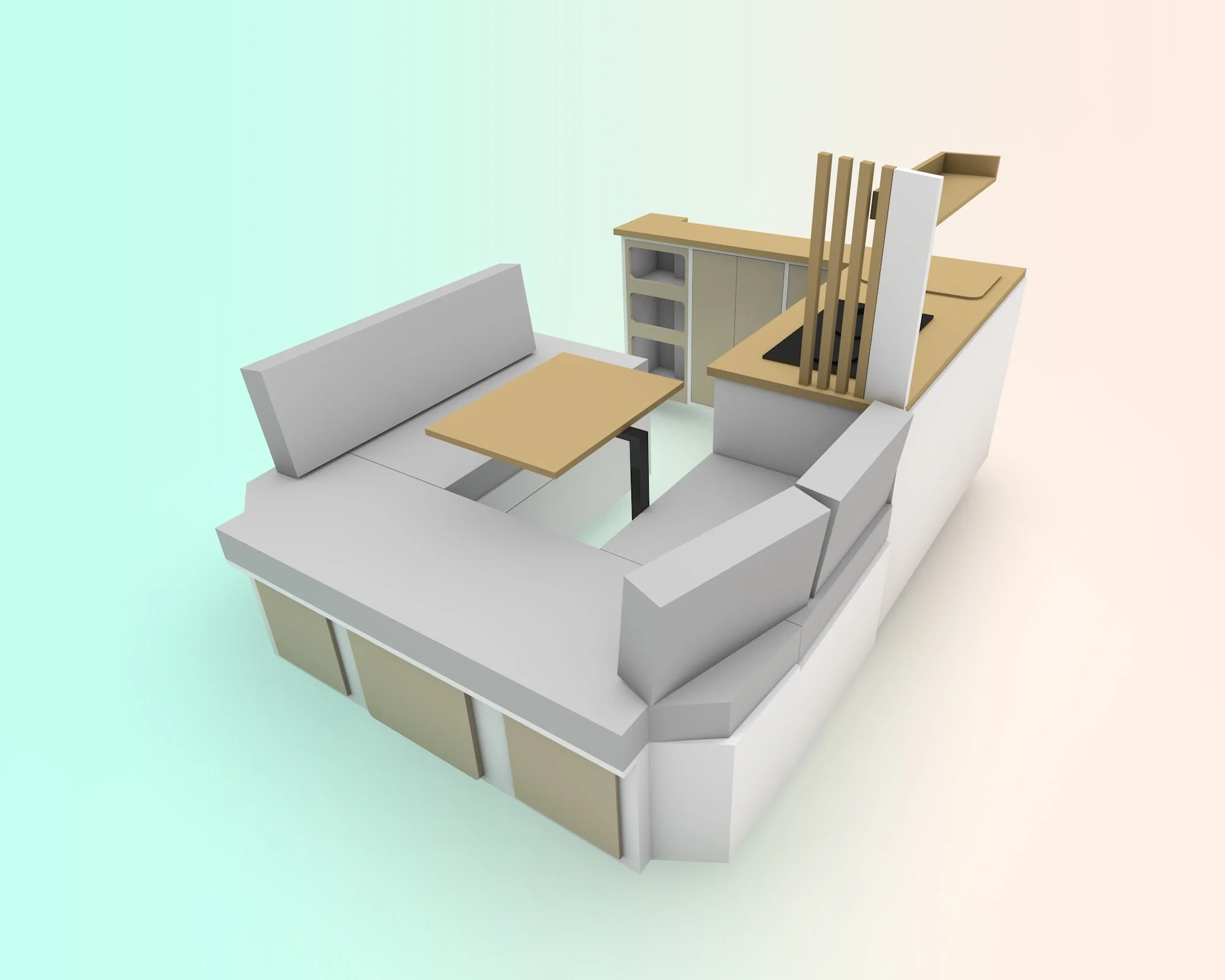 3D render of a modern kitchen with white and light wood cabinets, a white sofa with a wood coffee table, and a small counter with a black cooktop and wooden slats as a divider.