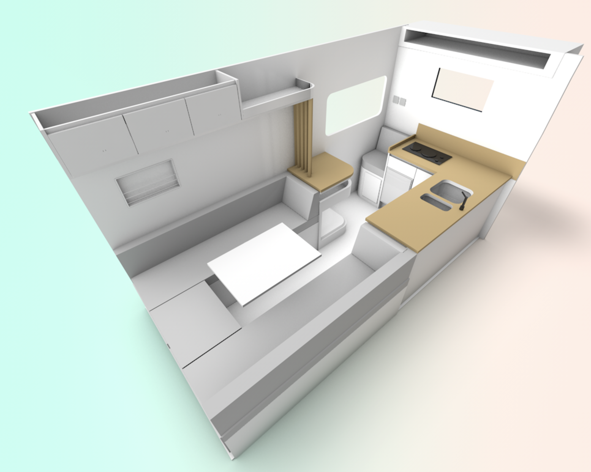 A compact van conversion, L-shaped counter with a sink, a stove, a bench with a small table, and a window on the wall.