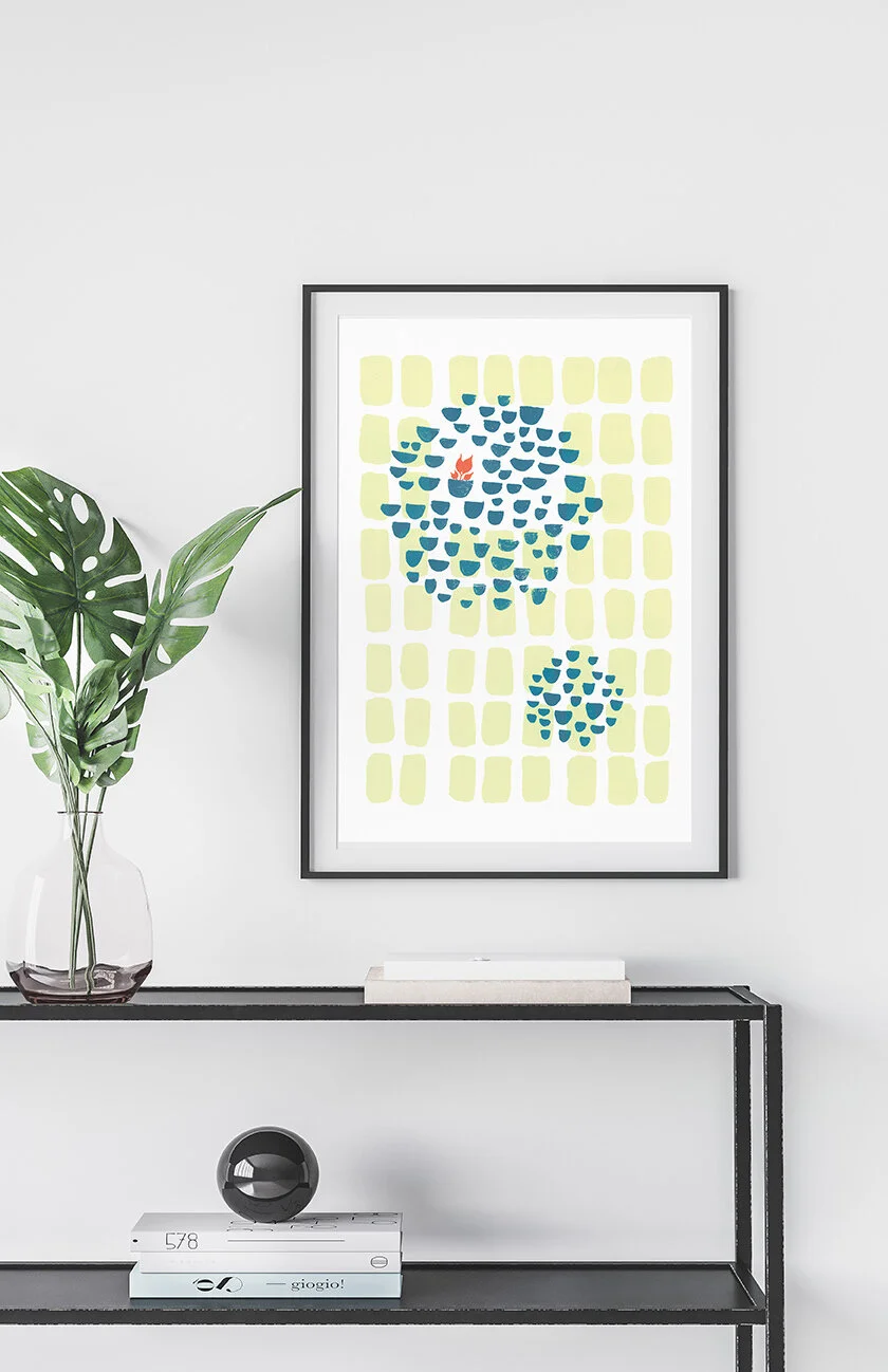 framed piece of art with square pattern and botanical influence