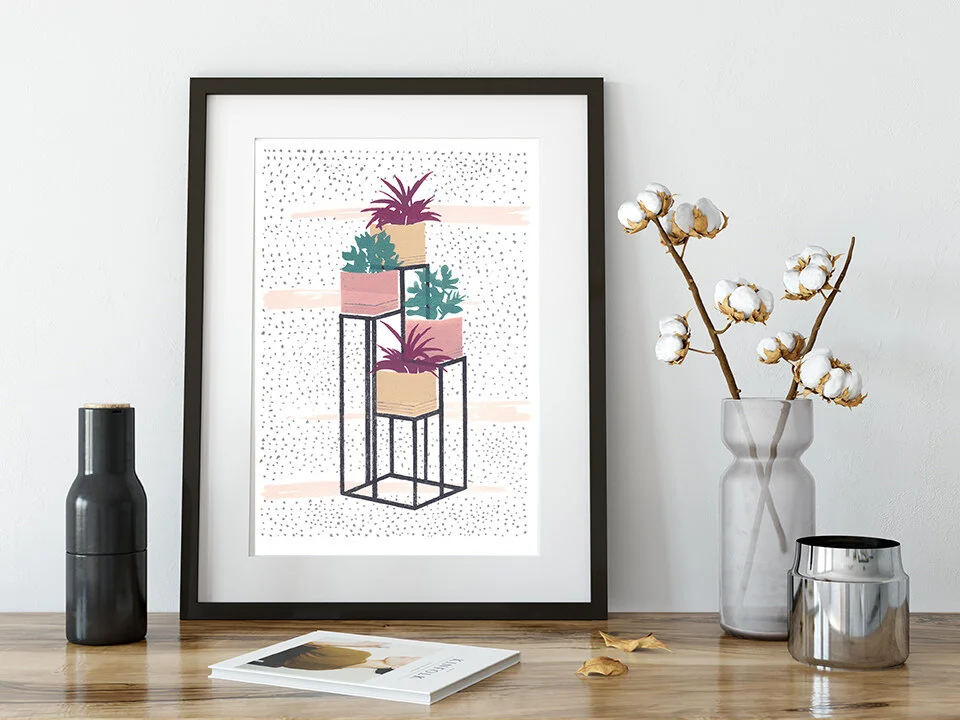plants residing in pots, framed art