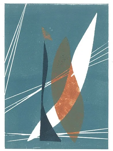 Abstract blue composition with overlapping translucent forms and soft gradients on a light background.