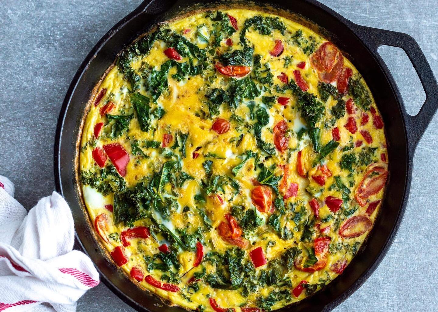 Kale and Red Pepper Frittata 
Serves 4

Eggs aren&rsquo;t just for breakfast, this dish works well for lunch or dinner as well. Cook once and enjoy the leftovers through the week. 

8 Egg
1/2 cup Unsweetened Almond/Oat Milk
1/2 tsp Sea Salt
1/2 tsp B