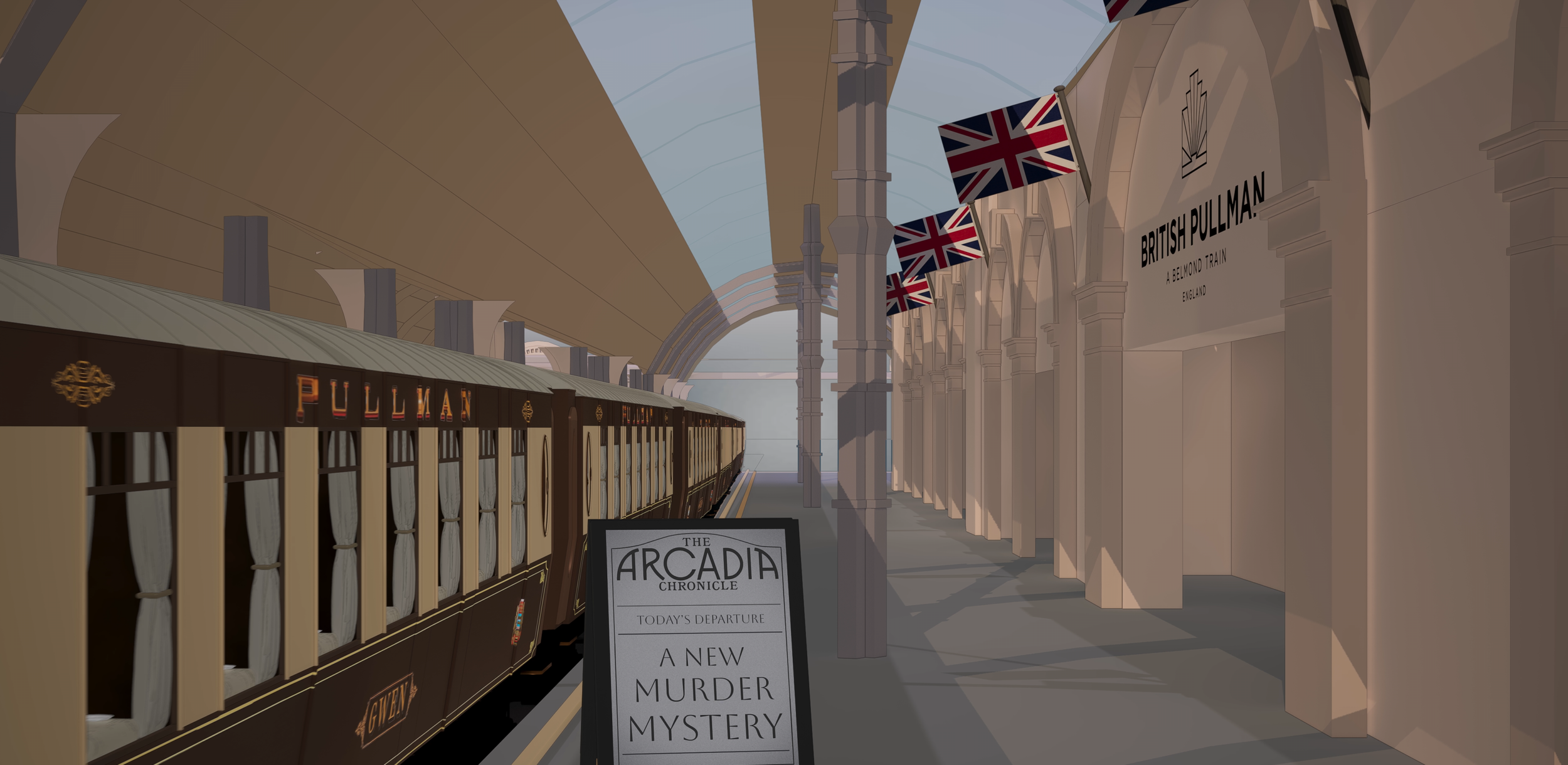 A vintage train at a station with British flags hanging from the roof. A sign on the platform reads 'The Arcadia Chronicle Today's Departure A New Murder Mystery'.