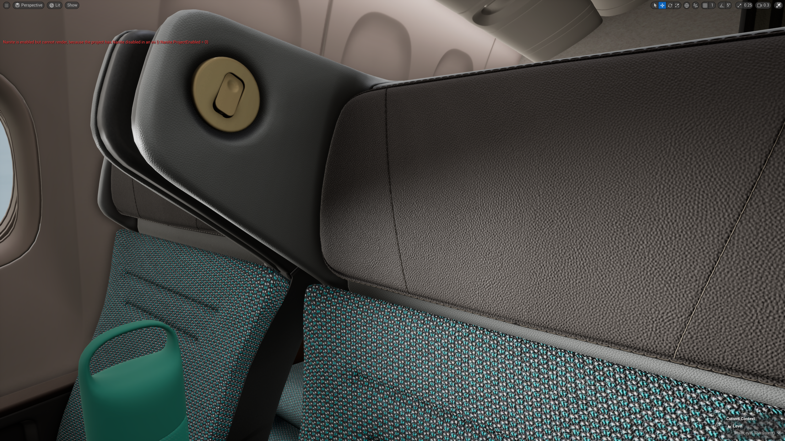 View of airplane interior showing seat with a textured teal fabric covering, a black headrest, and a gray dividing wall with a circular beige air vent and a small button.