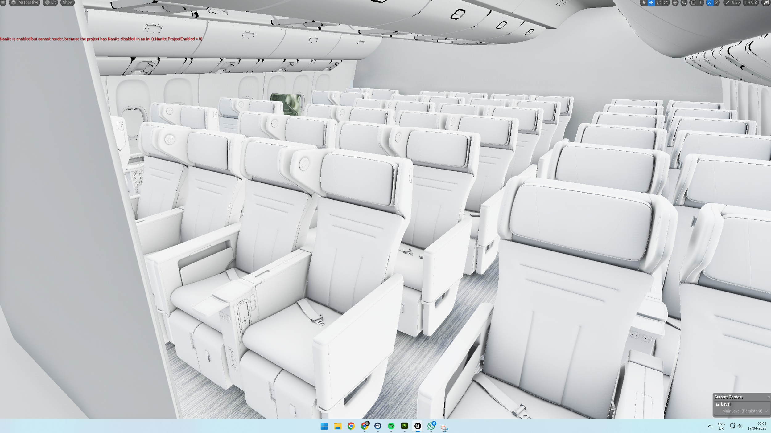 Interior of an aircraft cabin with multiple rows of white leather seats with headrests and armrests, arranged in a standard configuration, with overhead compartments and windows visible.