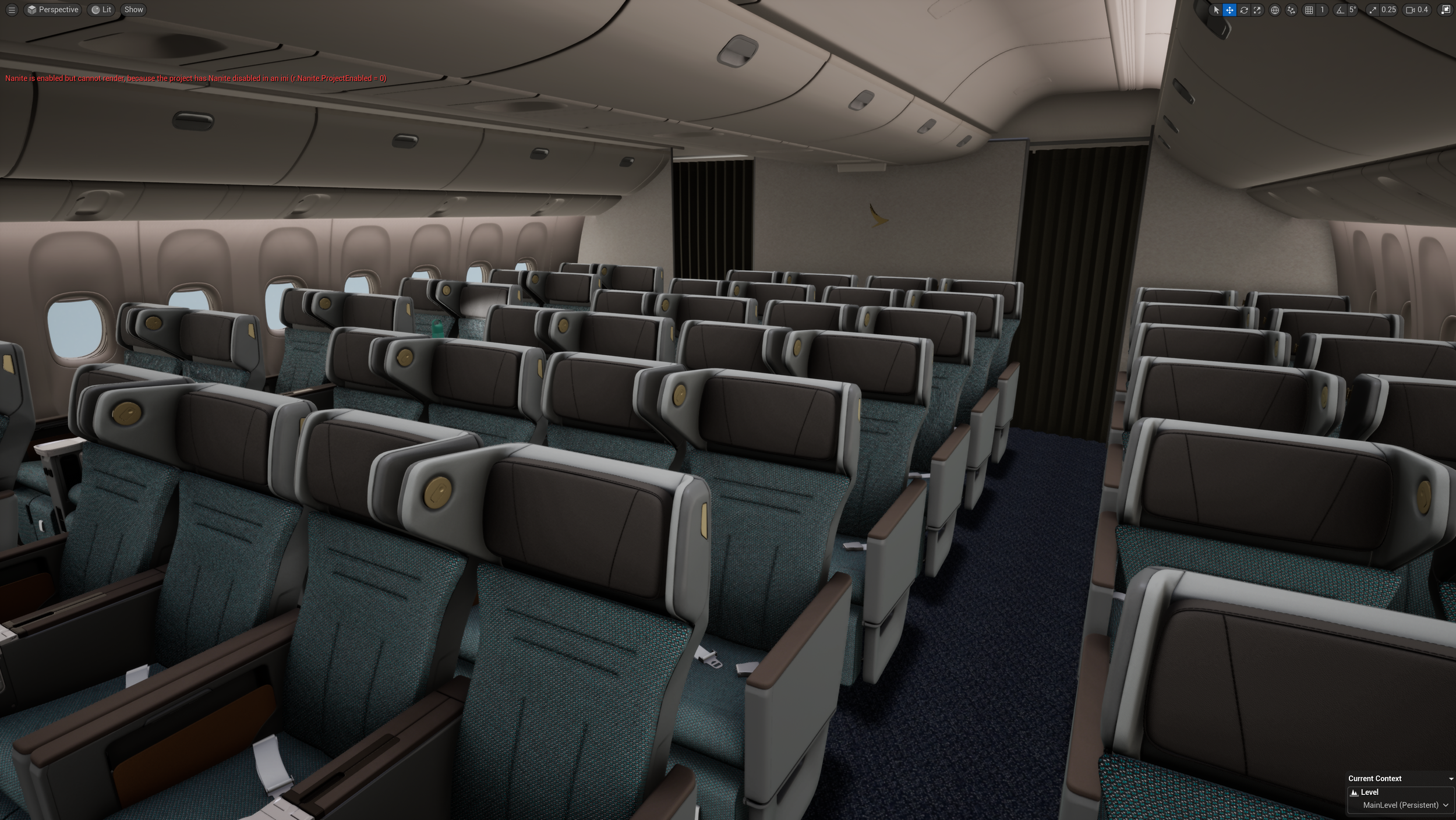 Interior of an airplane cabin with multiple rows of empty seats, windows on the left, and a partition at the back.