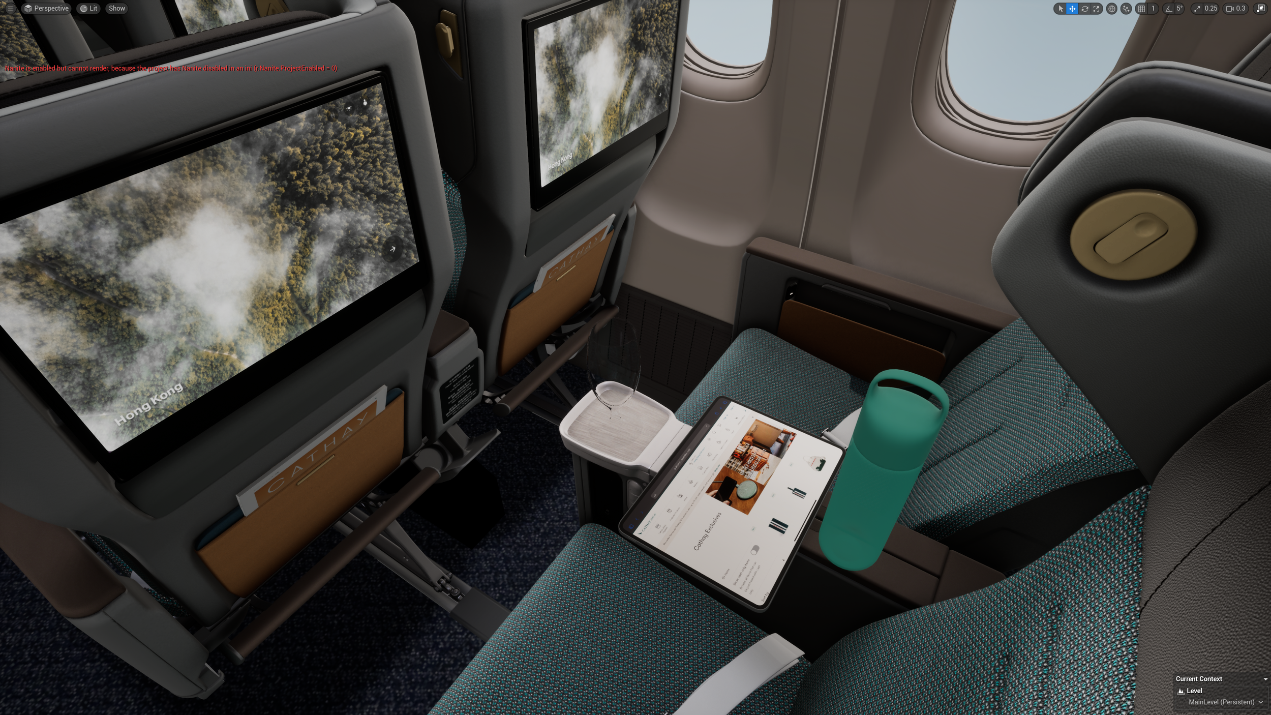 Inside an airplane cabin, two seats with teal and black upholstery face forward. In the space between, a tablet with a flight entertainment webpage, a turquoise water bottle, a clear glass, and a white tray table are visible. The airplane windows sho