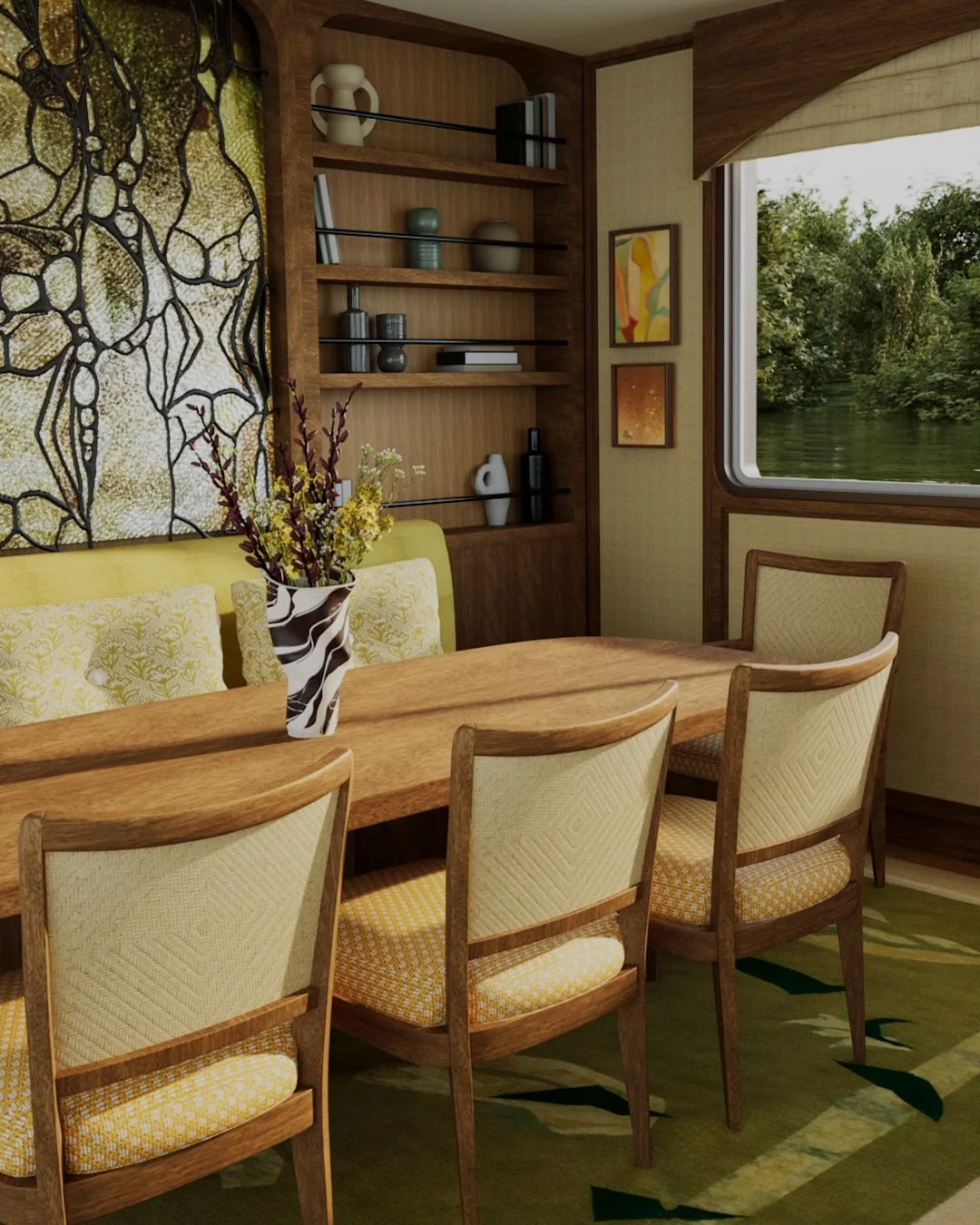 A dining room with a wooden table, six chairs with yellow patterned cushions, a vase with yellow and purple flowers, a large decorative wall art, a built-in wooden shelf with various decorative items, and a view of greenery outside the window.