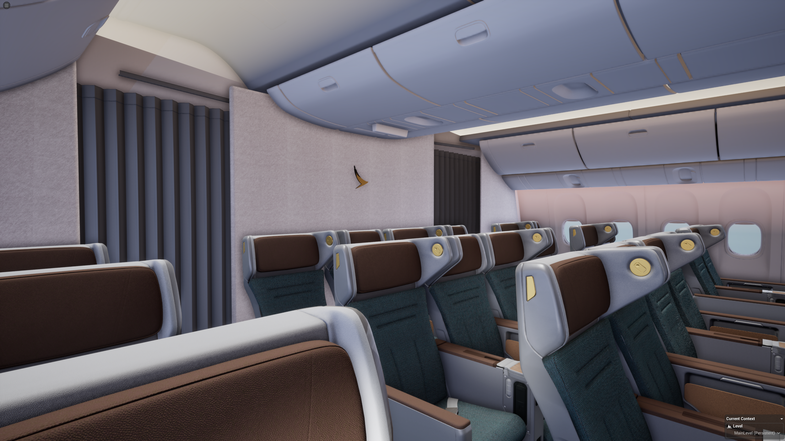 Empty airplane cabin interior with brown and teal seats, overhead compartments, and windows.