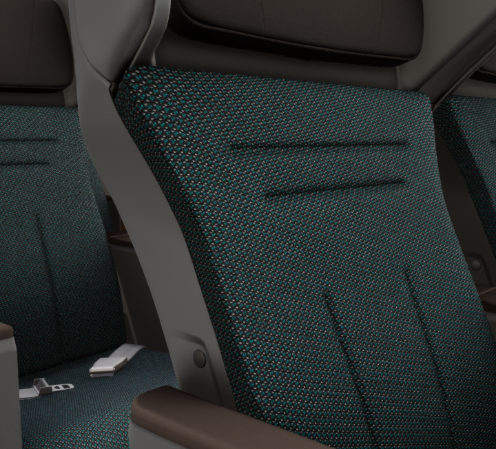 Close-up of airplane seats with dark fabric upholstery and visible seat belts.