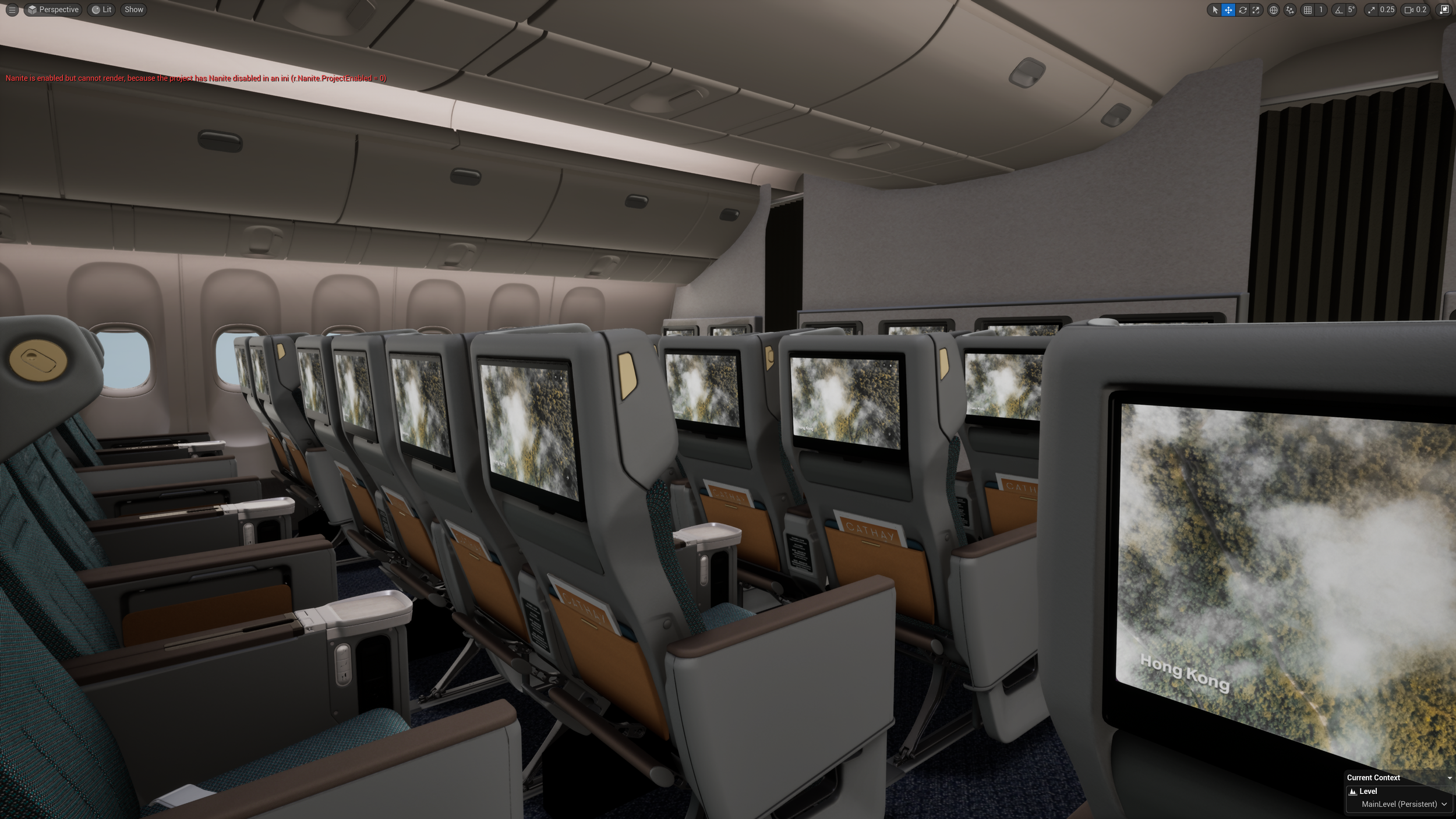 Inside an airplane cabin with multiple rows of seats and in-flight entertainment screens, one showing a view of trees and clouds with the label "Hong Kong."