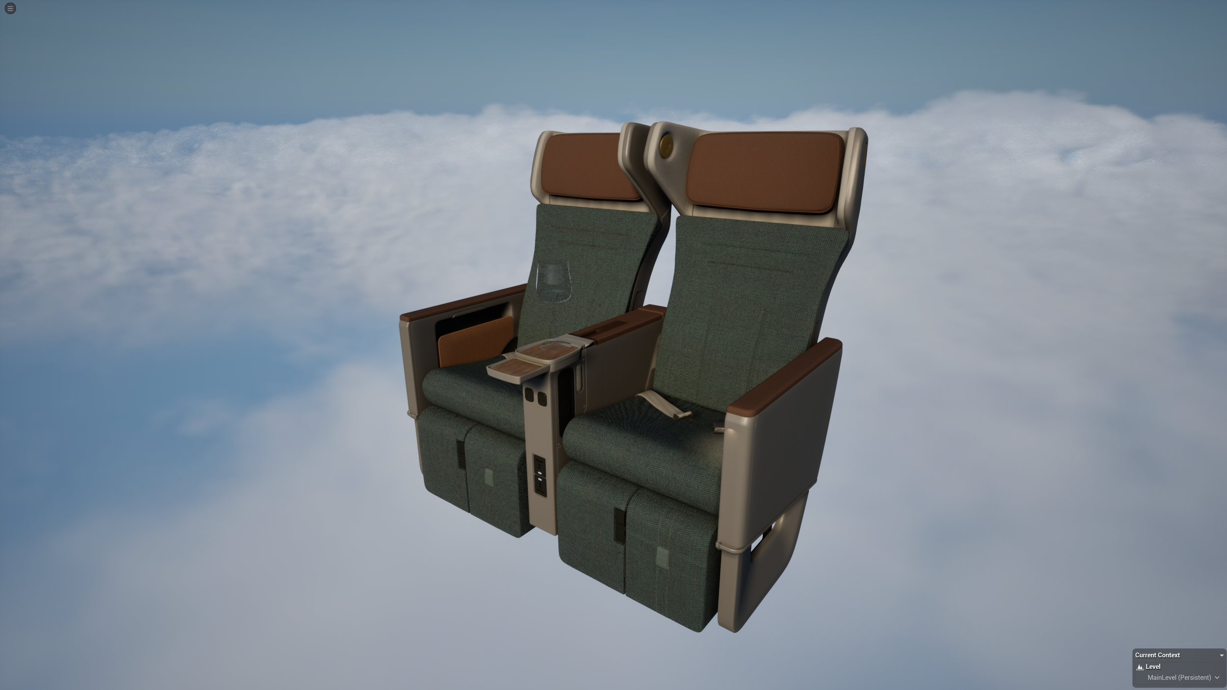 Two airplane seats with green upholstery, brown headrests, and wooden armrests, floating above clouds with a blue sky in the background.