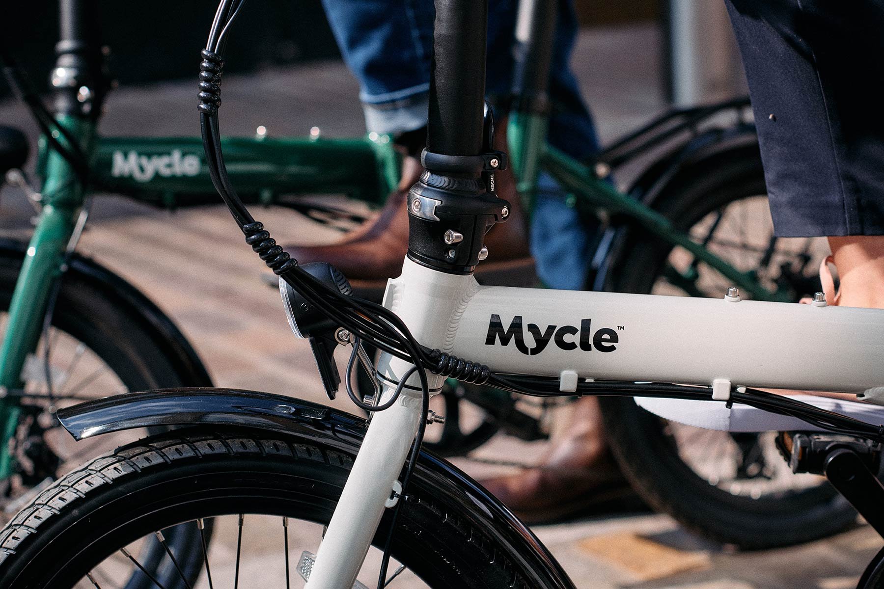 Close-up of Mycle e-bike folding frame. Photographed for Mycle e-bikes.