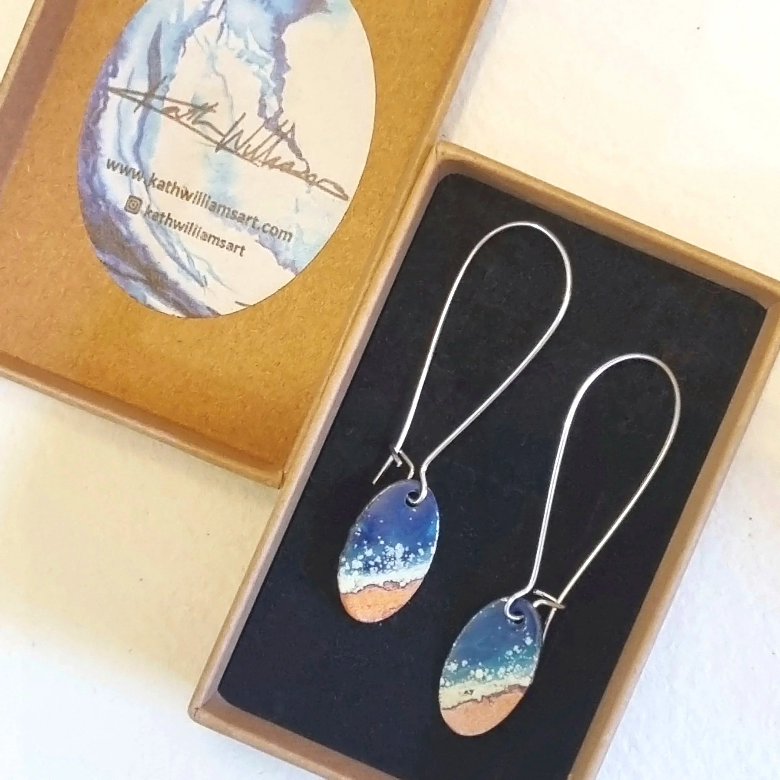 Enamel and Copper Oval Seascape Long Drop Earrings