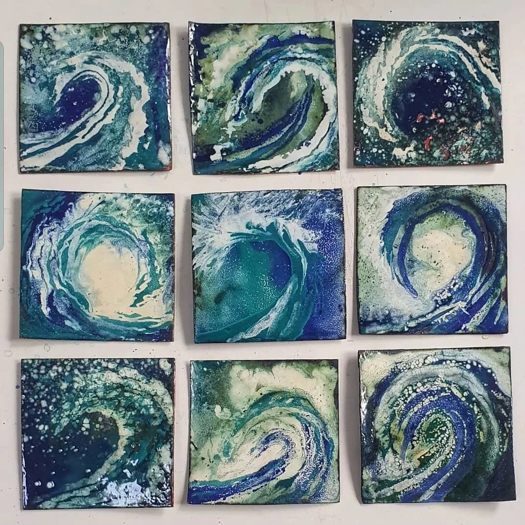 Experimenting - trying to capture the movement and essence of waves with these kiln-fired enamel studies. I think the unpredictability of the firing process suits the nature of waves. 

#inspiredbythesea #theseamakesmehappy #theseaismyhappyplace #sea