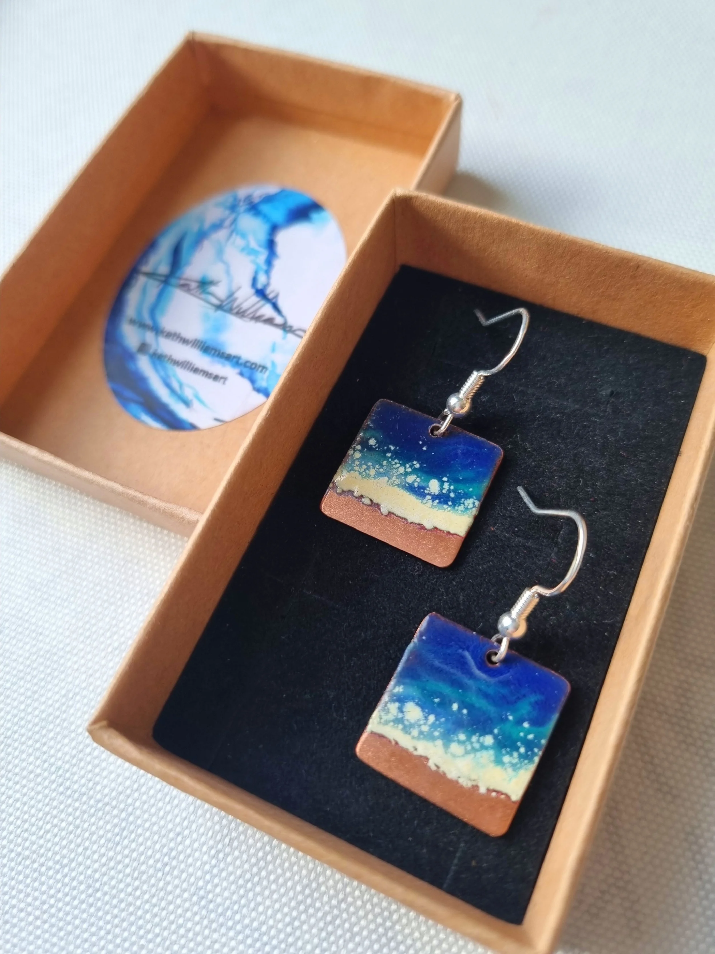 Square Enamel and Copper Seascape Earrings