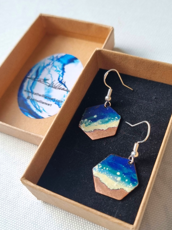 Hexagon Enamel and Copper Seascape Earrings