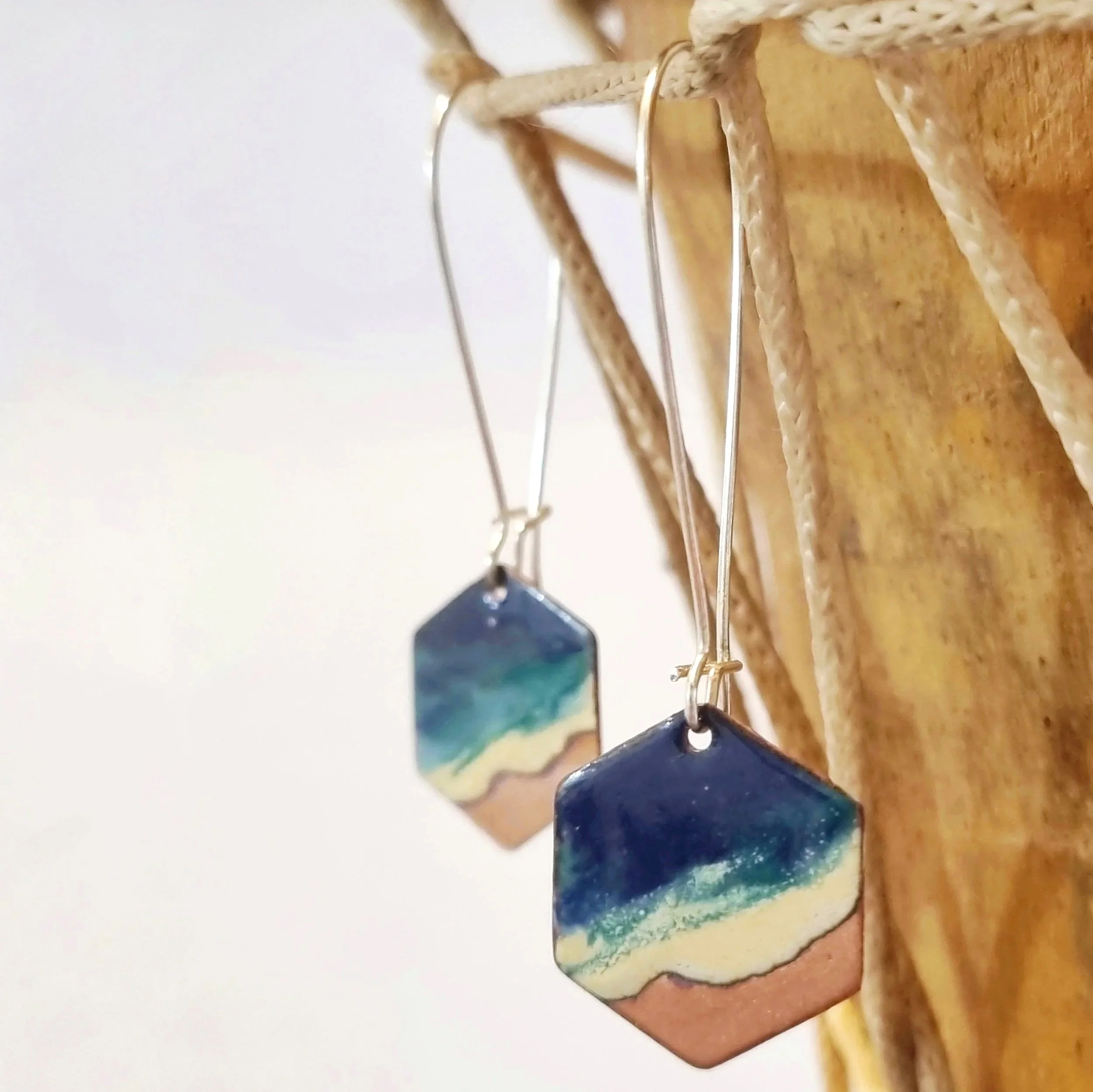 Enamel and Copper Hexagon Seascape Long Drop Earrings