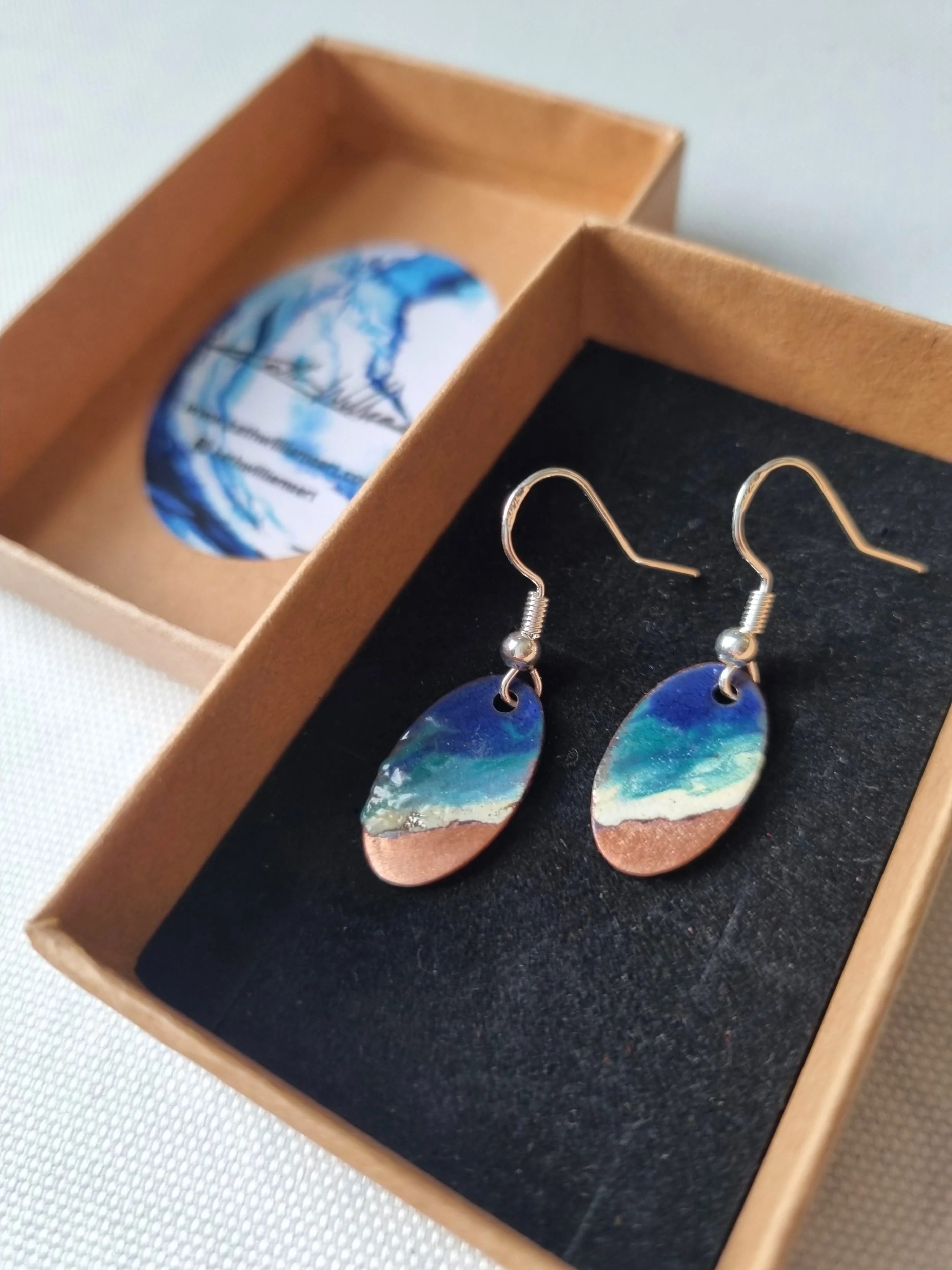 Oval Enamel and Copper Seascape Earrings