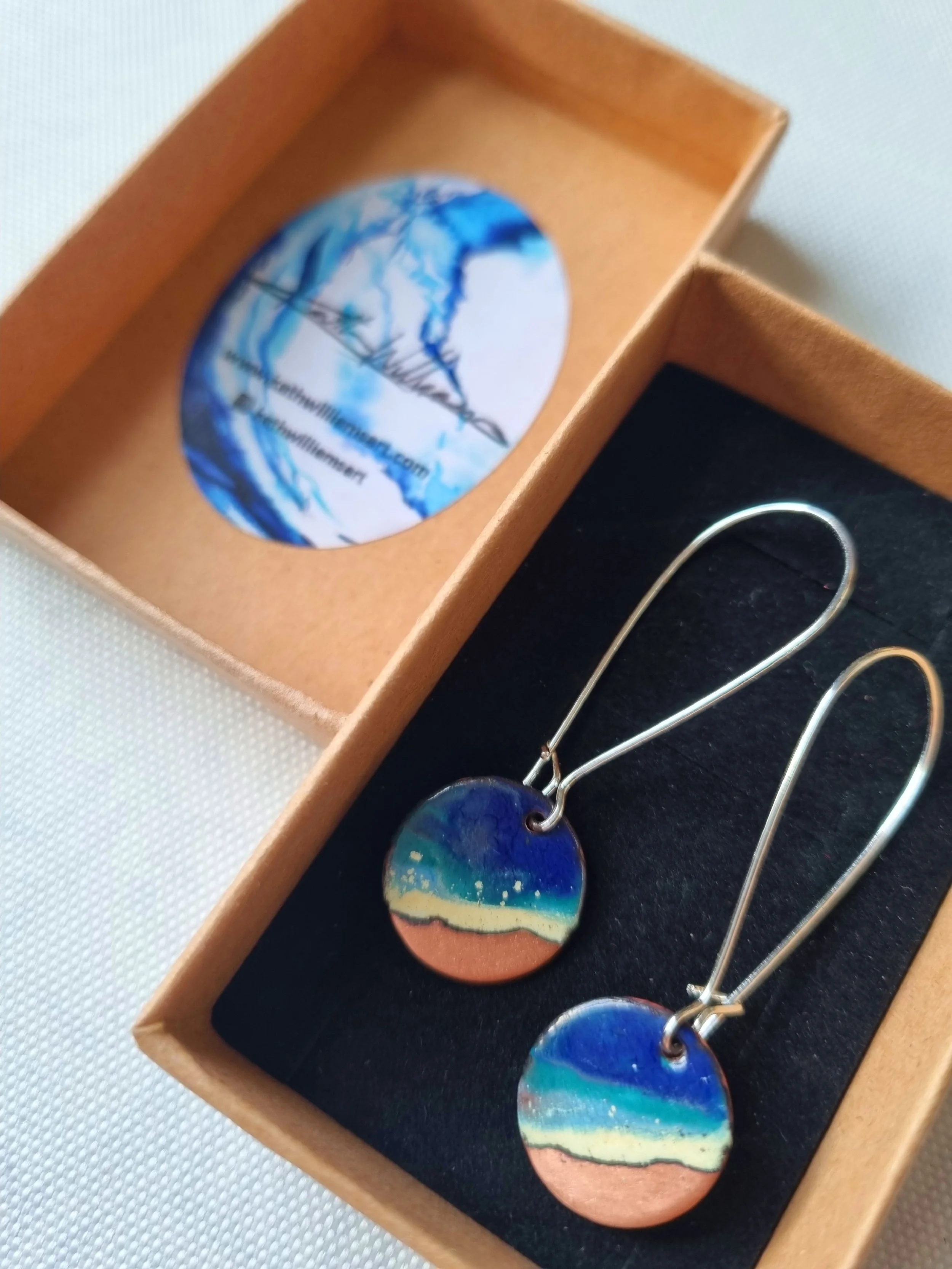 Enamel and Copper Circular Seascape Long Drop Earrings