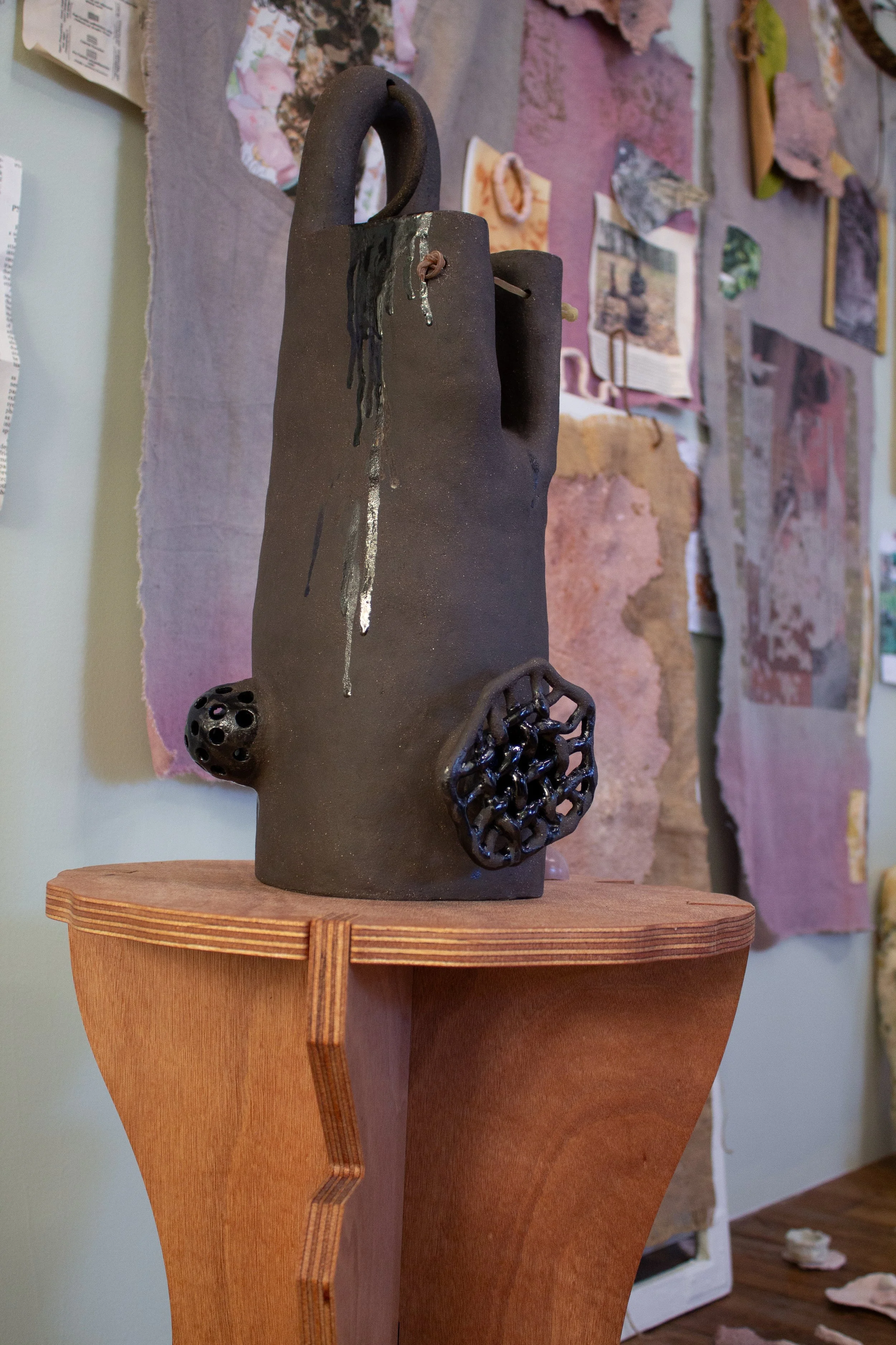 Oil vessel (663-A). Glazed stoneware and mixed media.