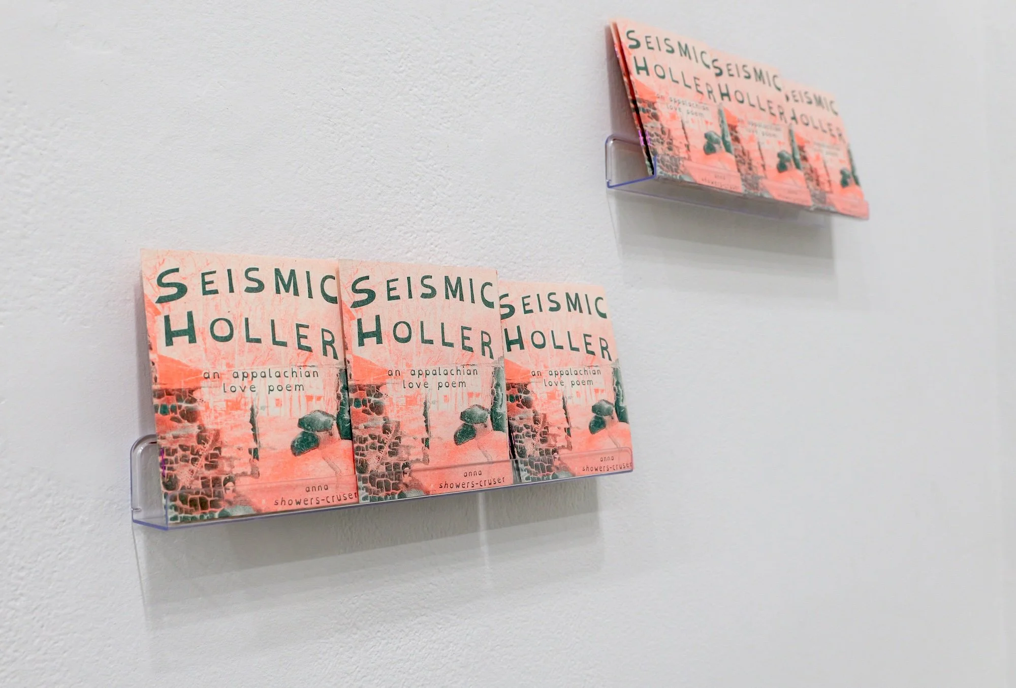 Installation view, "Seismic Holler: An Appalachian Love Poem" risograph publication, first edition of 200. Copies available at sliding scale to benefit community resource organizations.