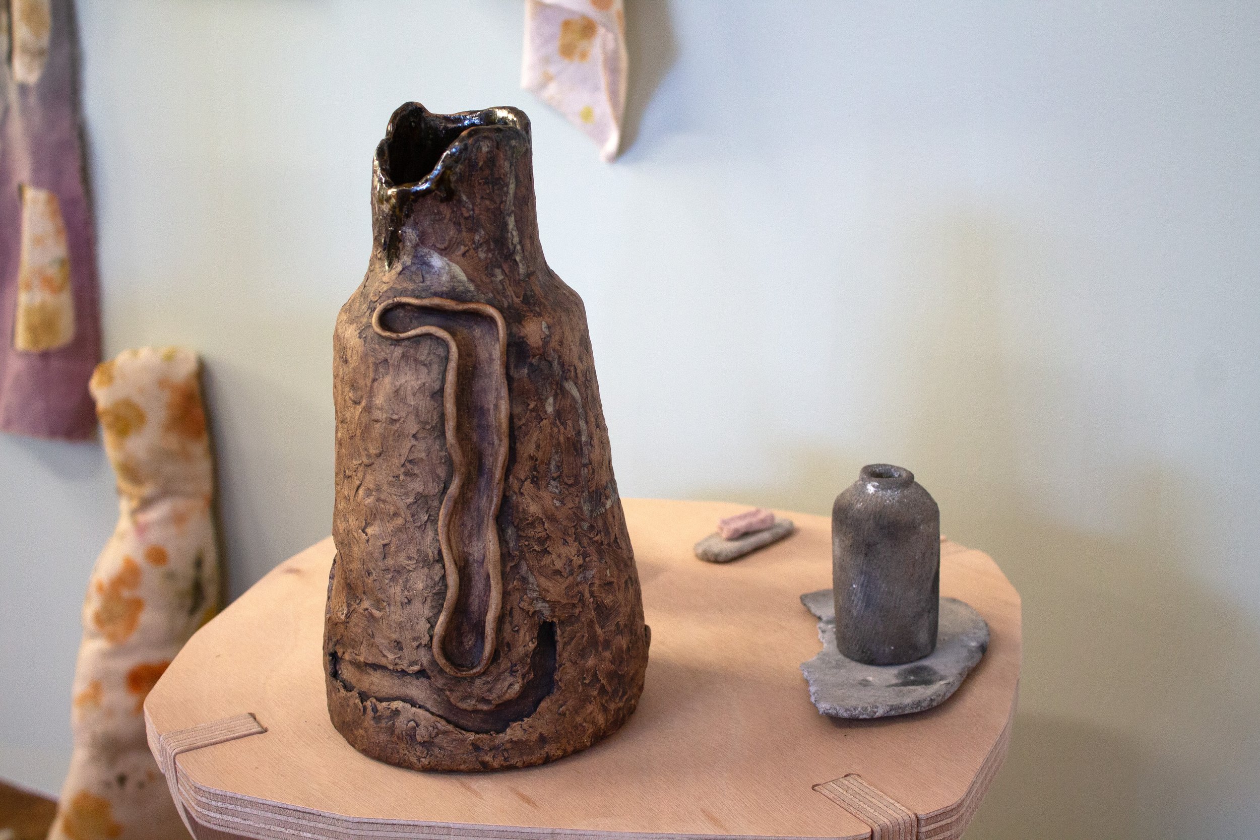 install detail - glazed stoneware and earthenware pit-fired clay bodies, botanically dyed muslin, paper pulp, earth oxides, plywood