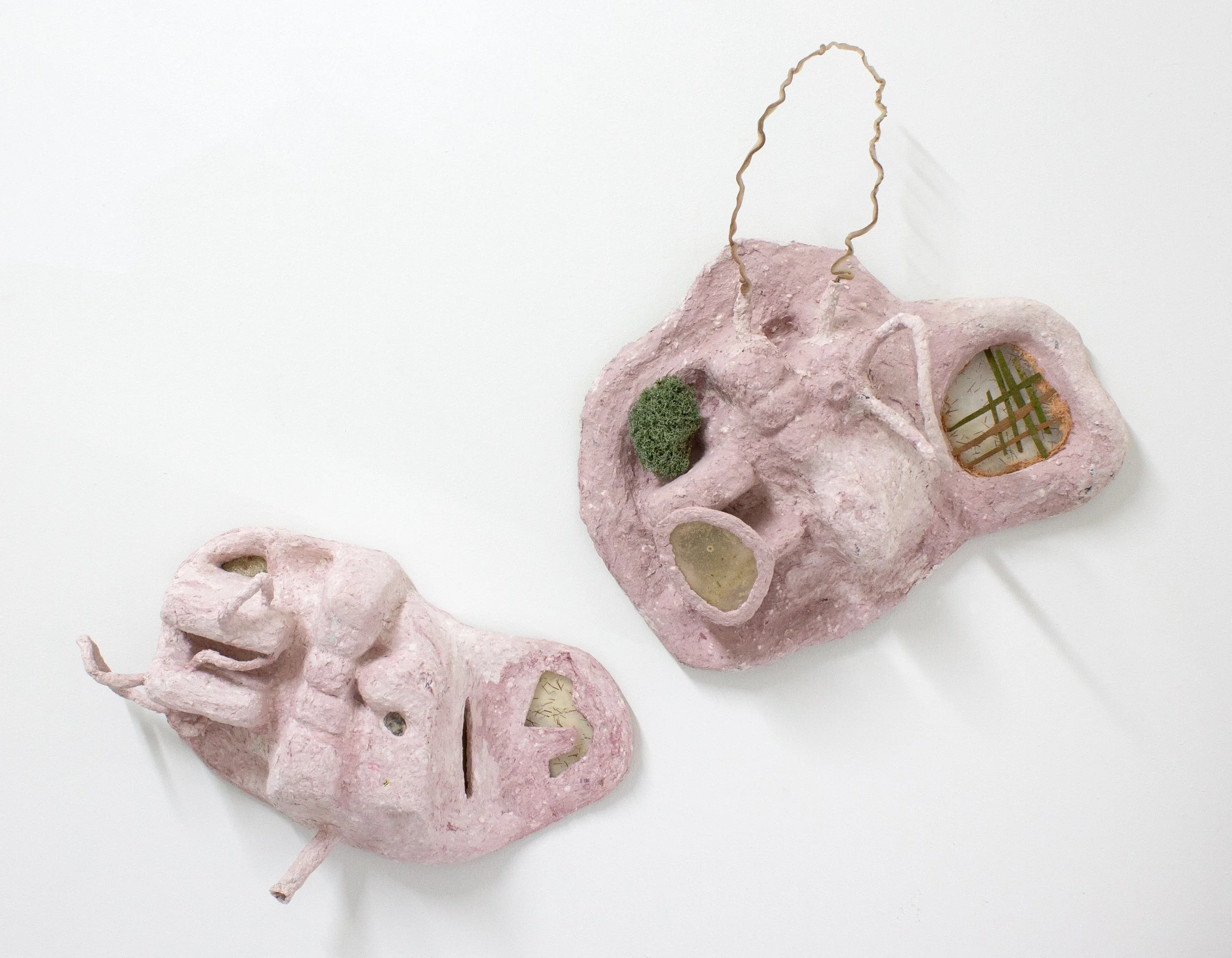 utility cells (I, II) /  mixed media including repurposed paper documents, cellulose and bio-resin skins, extruded alginate filament, silicone, unrefined sand, ethically harvested birch, moss, corn silk, salvaged leather, mineral pigment / 2025