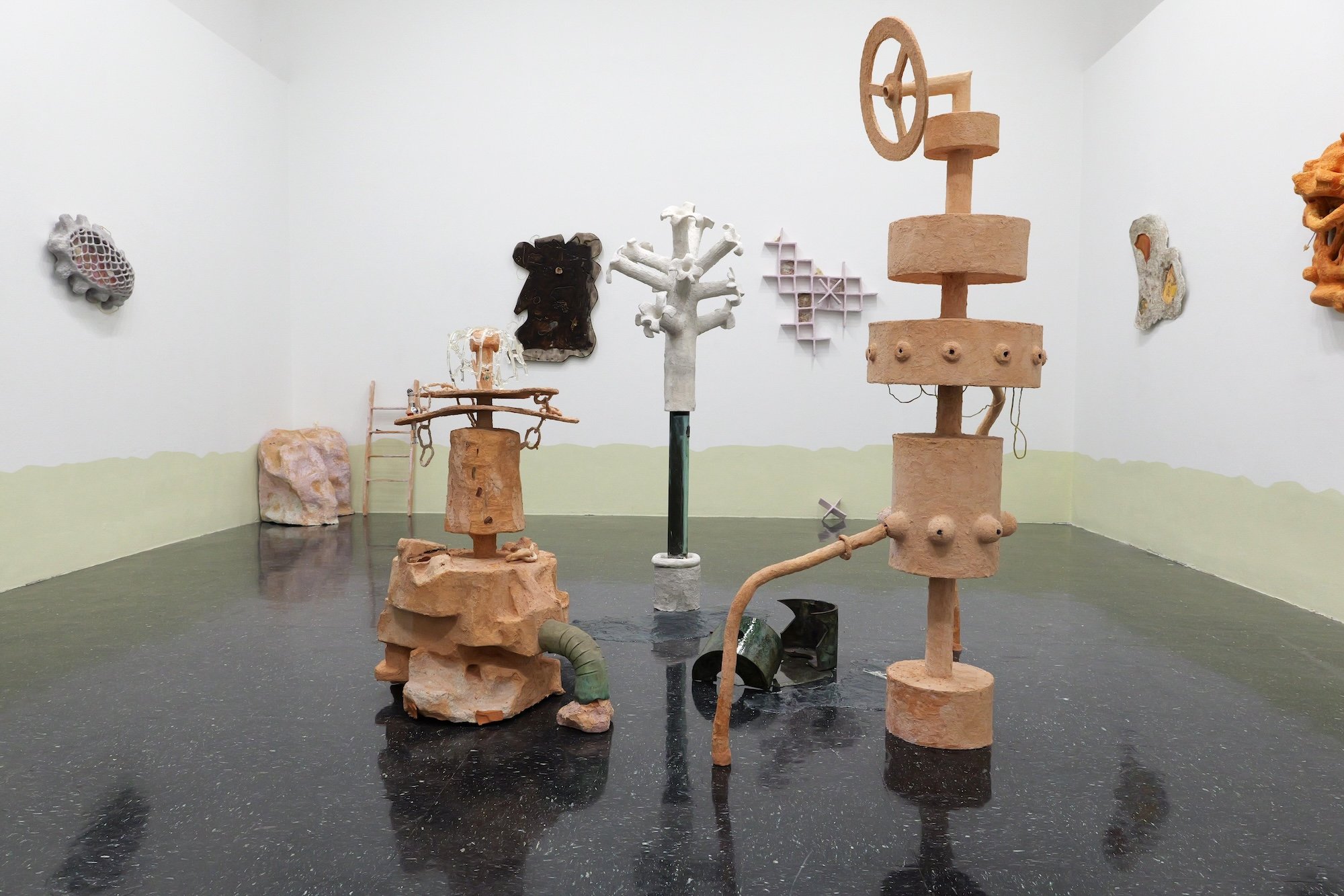 Installation view, "Seismic Holler" solo exhibition at the Anderson, 2026. Series of freestanding sculptures, "Seismic Holler (Salt I, II, III)"