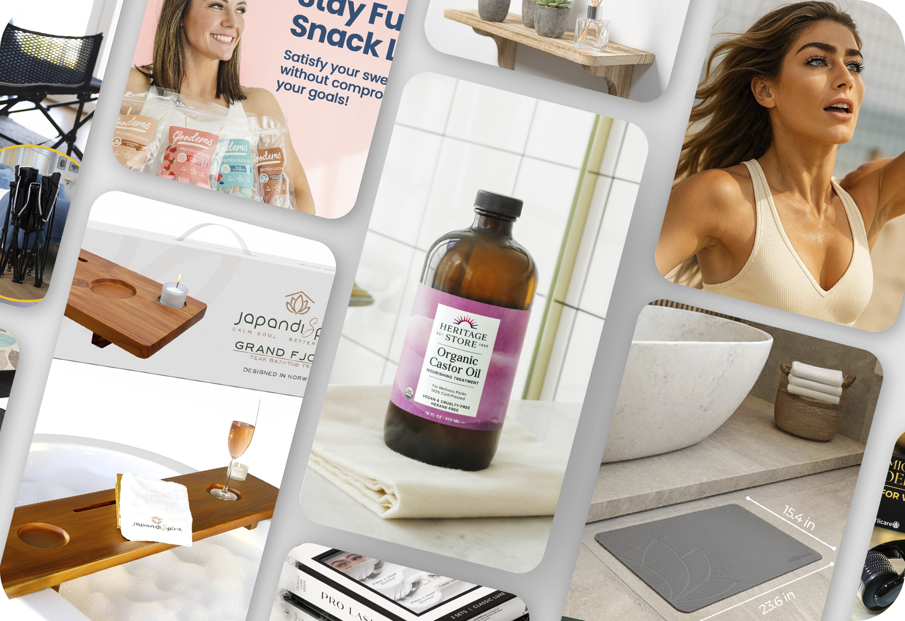 A collage of various lifestyle and wellness products including a woman holding snack packs, a woman exercising outdoors, a herbal bath product, a bath setup with a candle and towel, and a bathroom with a sink and a stovetop in the countertop.