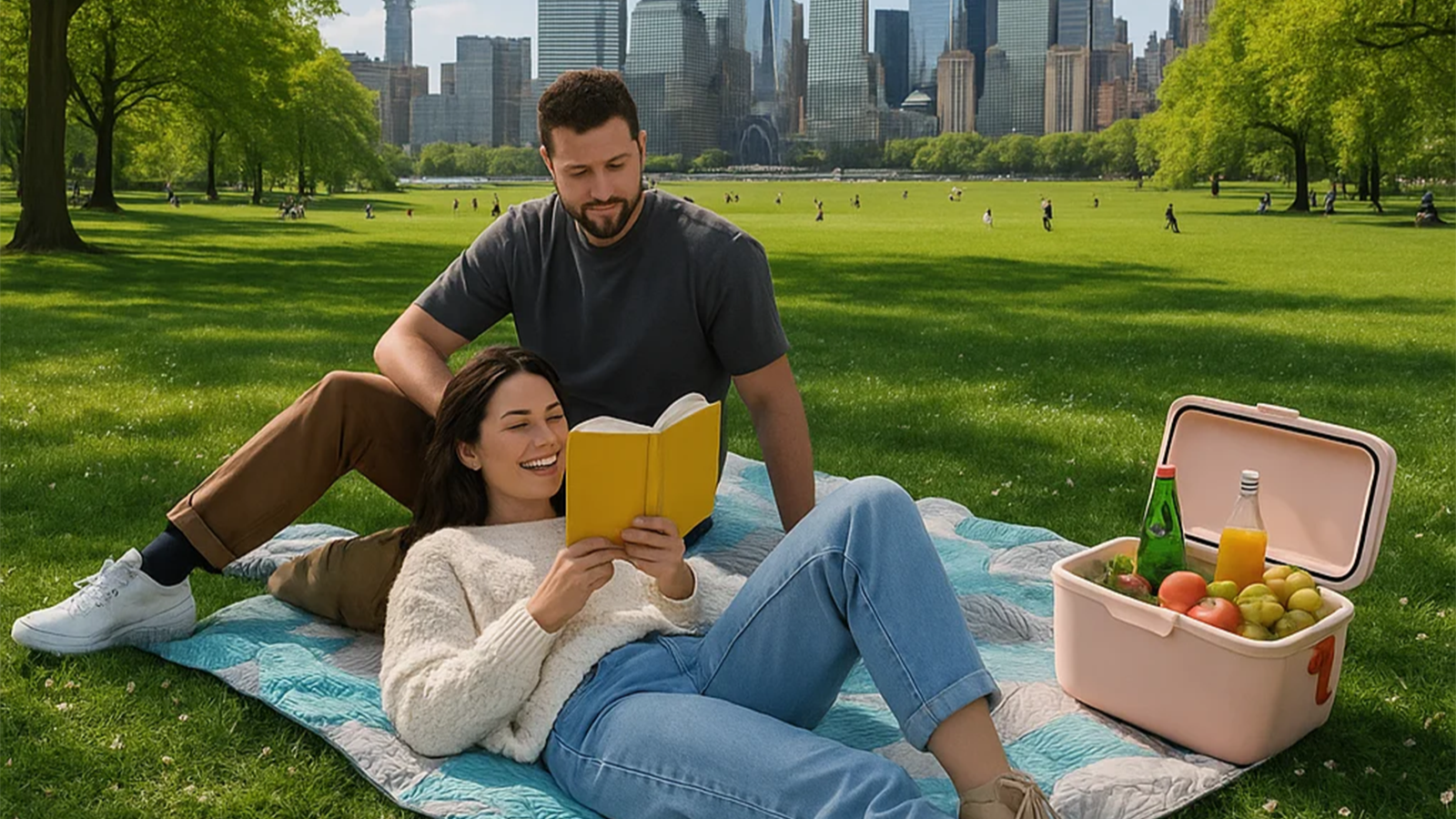 A man and woman having a picnic in a park with a city skyline in the background. The woman is lying on a blanket reading a yellow book, and the man is sitting behind her, looking at the book. There is a cooler filled with drinks and fruits nearby.