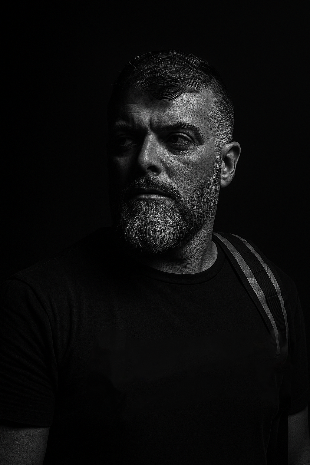 Black and white portrait of a middle-aged man with a beard, styled hair, wearing a black shirt and a backpack, looking to the side against a dark background.