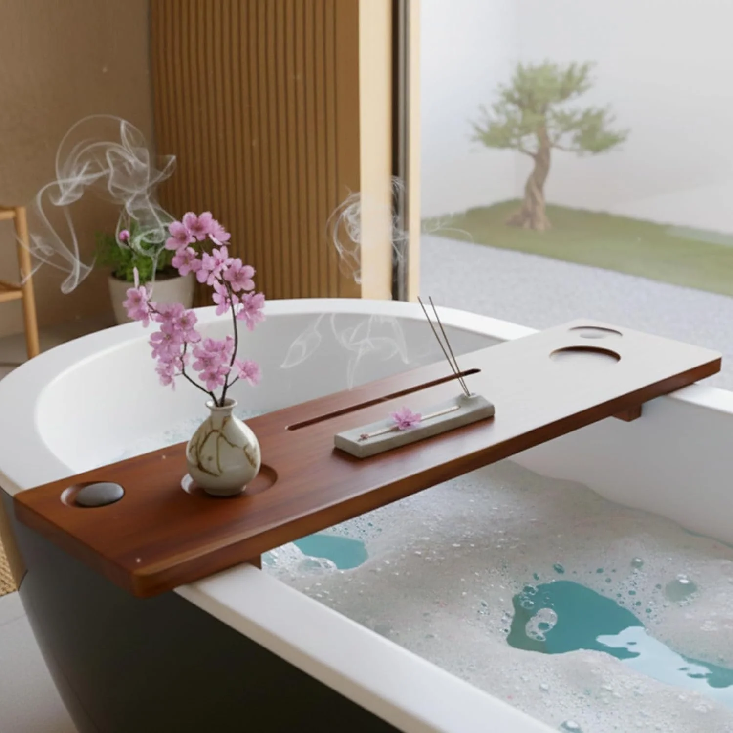 A relaxing bathtub with a wooden tray holding a vase of pink cherry blossoms and a stick incense holder with incense sticks, in a spa setting with a window showing a tree outside.