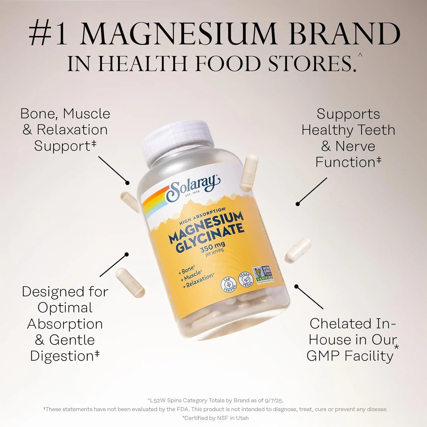A bottle of Solaray Magnesium Glycinate supplements with several capsules floating around it, displaying the product's benefits, including bone, muscle, and relaxation support, and healthy teeth and nerve function.