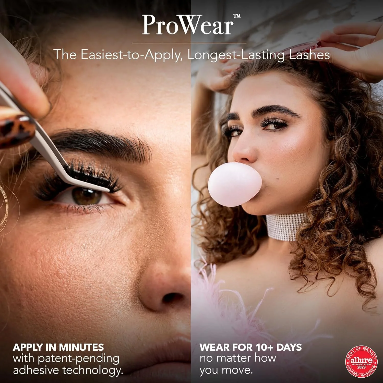 Split image showing a woman with eyelash extensions on the left side and another woman with long curly hair blowing a bubble with gum on the right side. Text highlights the benefits of ProWear eyelash extensions, including easy application and long-lasting wear.