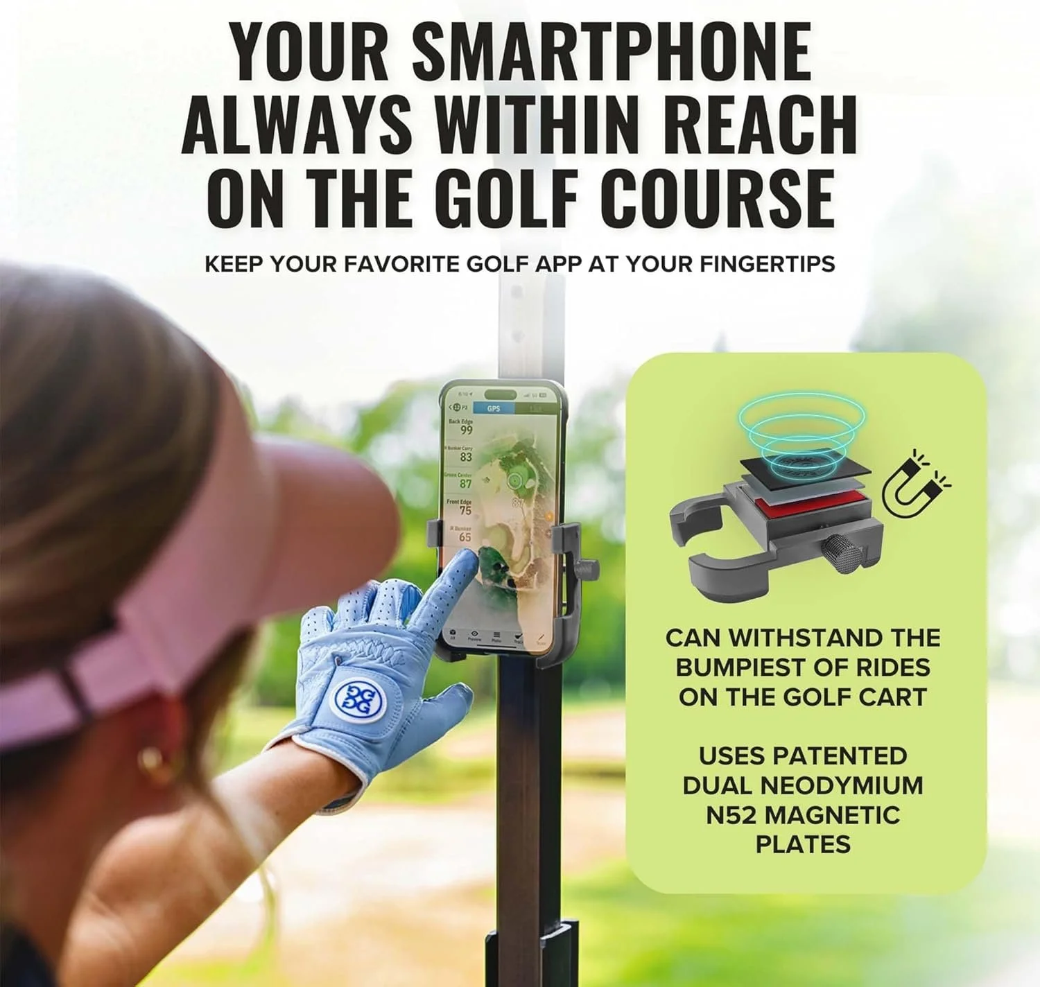 A person wearing a pink cap and blue golf glove uses a smartphone mounted on a golf course to access a golf app. An inset graphic shows a magnet device with neodymium plates for stabilizing a golf cart ride.